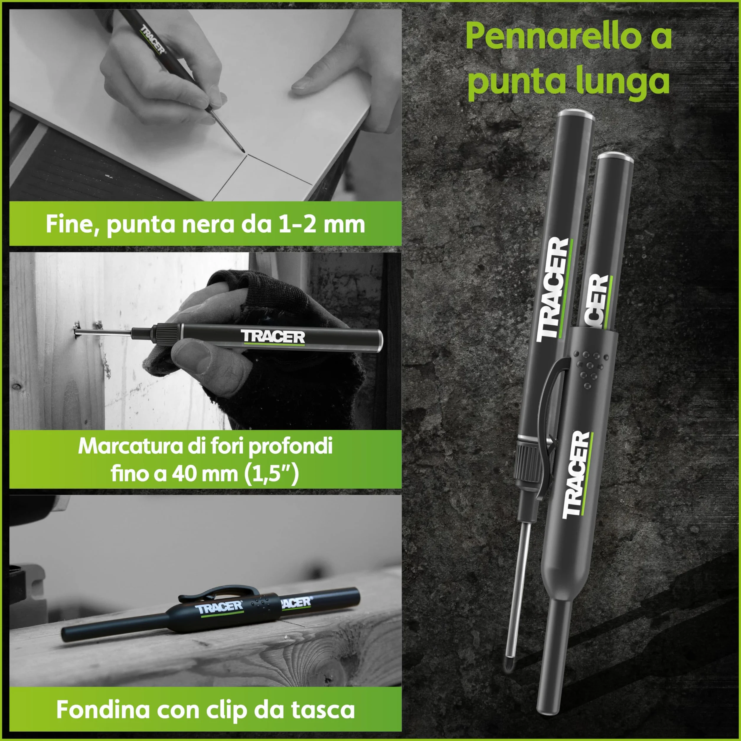 Tracer AMK5 Kit da 5 Pennarelli da Costruzione con Custodia Magnetica, Matita Carpentiere, Punta Lunga e Anti-Intasamento