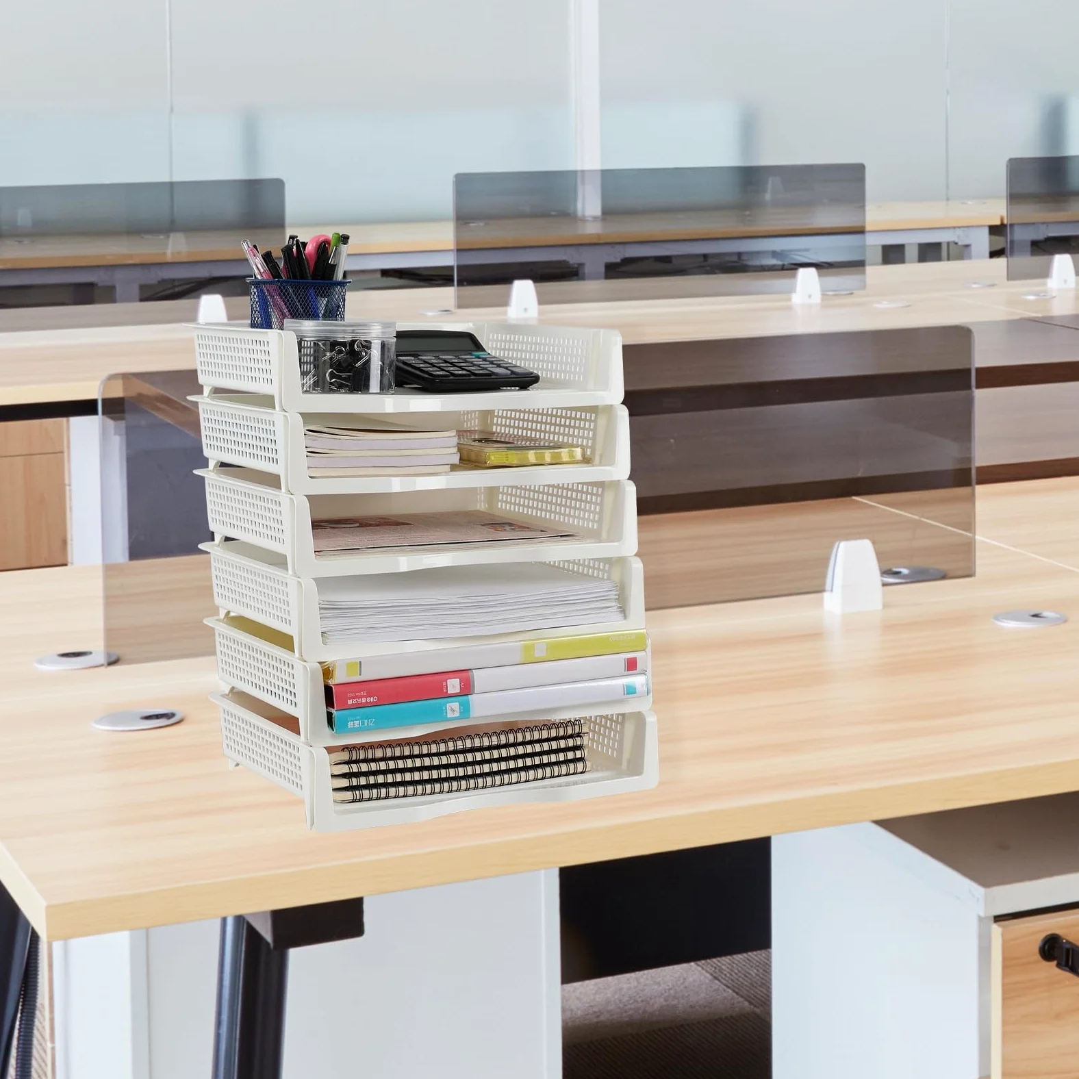 Vassoi da ufficio in plastica a 6 ripiani, impilabili, formato A4, per scrivania, colore: bianco
