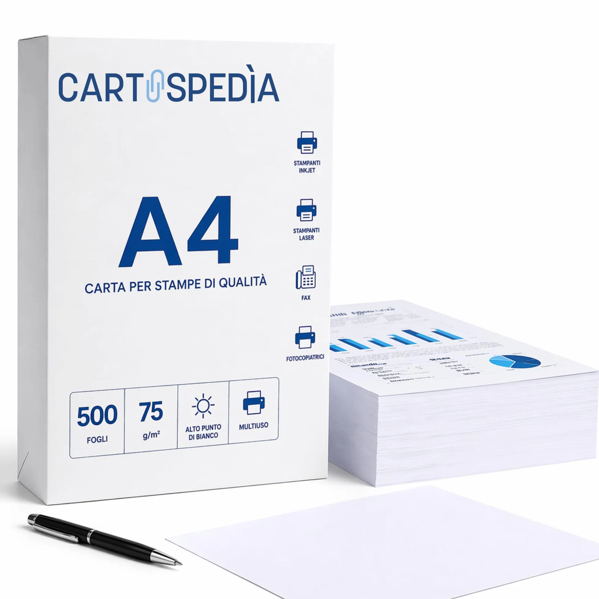 Risma Carta A4 500 Fogli 75g 21x29,7 cm per Stampante Inkjet Laser Fotocopiatrice