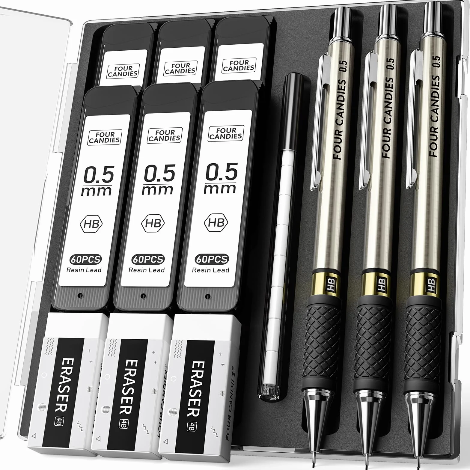 Four Candies Set 3 portamine metallo 0,5 mm mine HB 360 gomme custodia per scrivere disegnare ingegneri