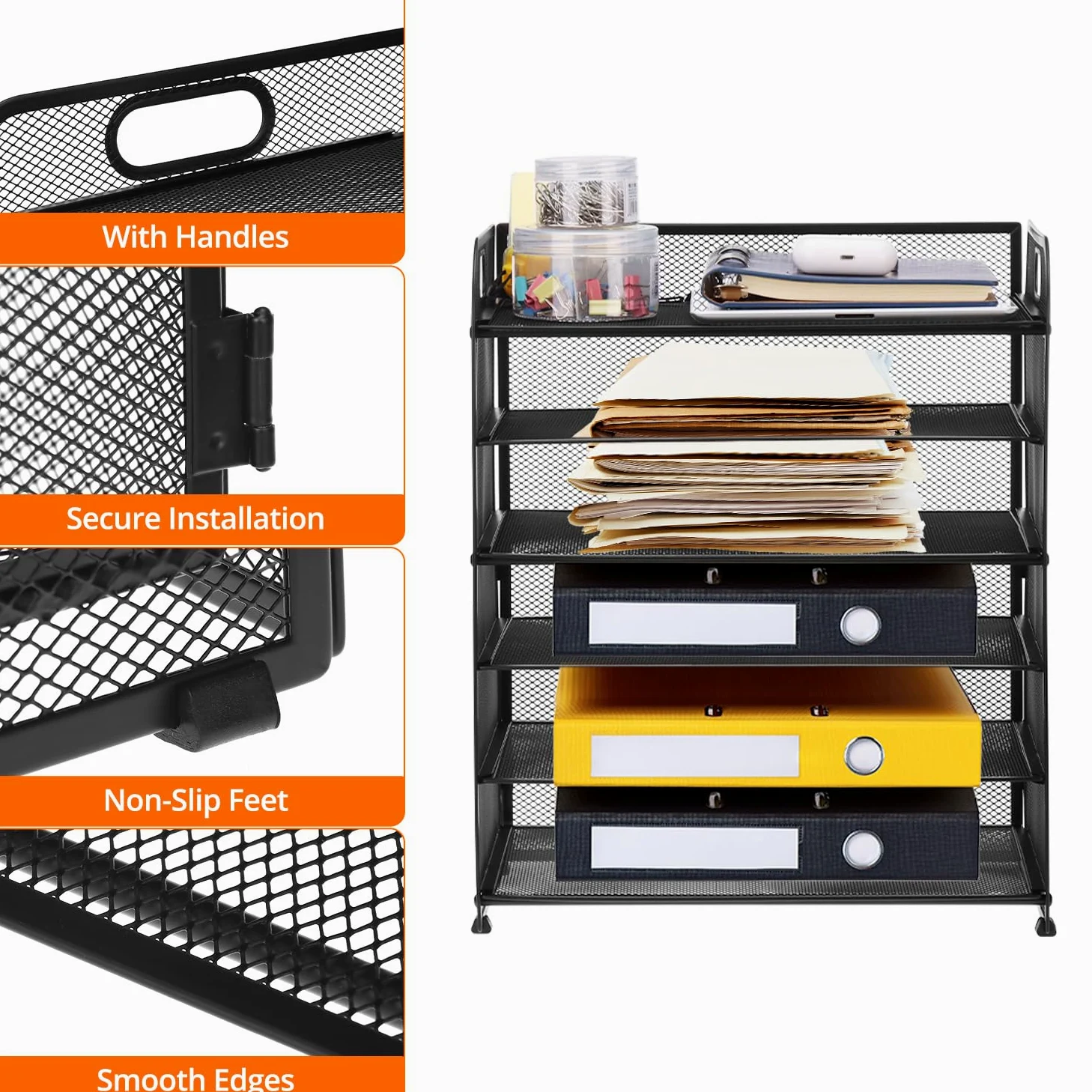 QWORK® 6 livelli organizzatore scrivania, portadocumenti in rete metallica nera, portadocumenti da scrivania salvaspazio