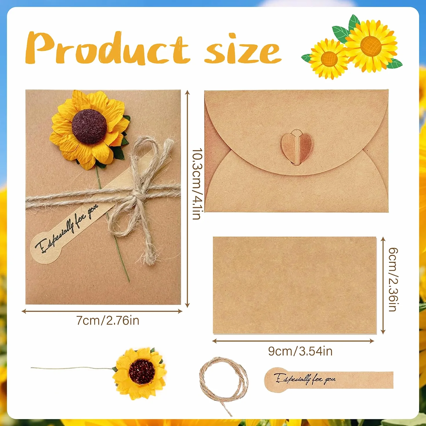 Kraft Papier Retro Grußkarten mit Umschlägen, 8 Stück, Trockenblumen, für Hochzeit Geburtstag Weihnachten