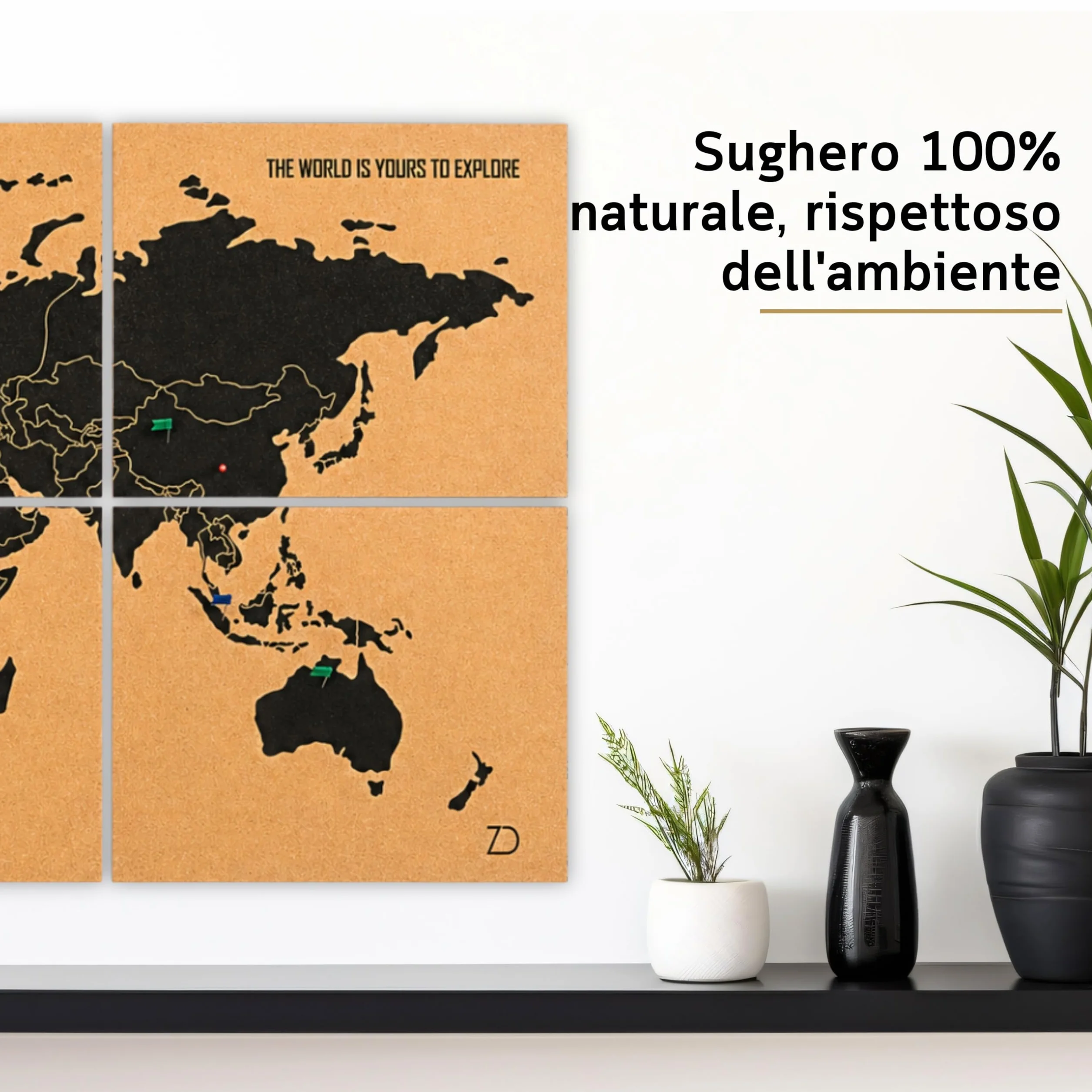Mappamondo da Parete 90x45 cm – 6 Pannelli Autoadesivi in Sughero – Mappa del Mondo con Puntine – Planisfero Segna Viaggi – 60 Puntine Incluse