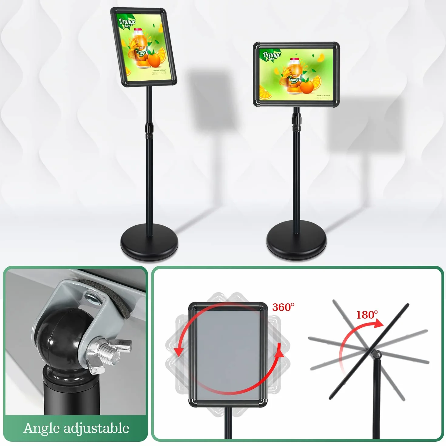 2pcs A4 Supporto Espositore Regolabile Poster Supporto da Pavimento Segno Avviso del Supporto, Il Porta Poster in Alluminio può Sostituire Rapidamente i Poster（nero）