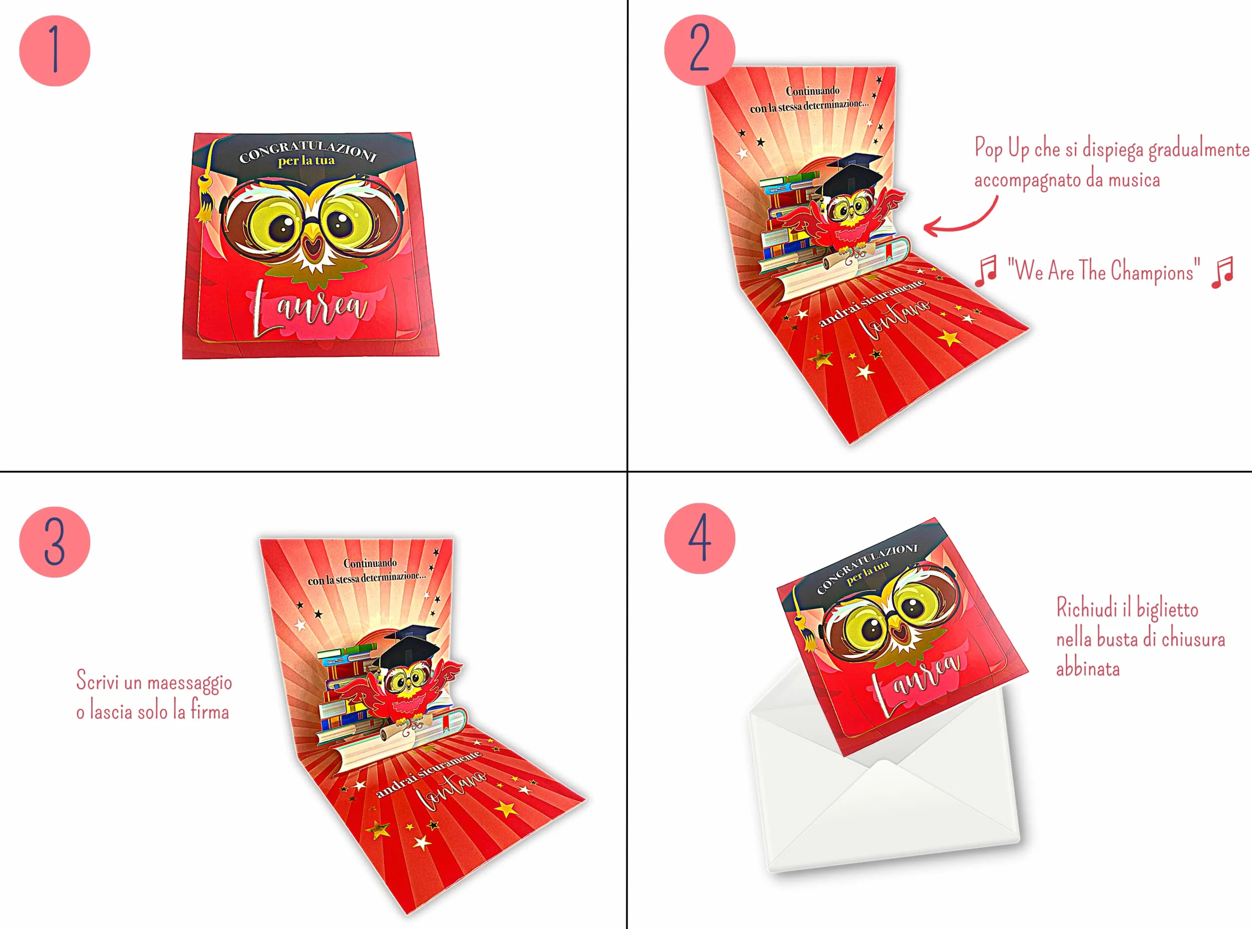 Biglietto Gadget Laurea Divertenti Pop Up con Gufo 15,3 x 15,3 cm Regalo Ingegnere Infermieristica Avvocato