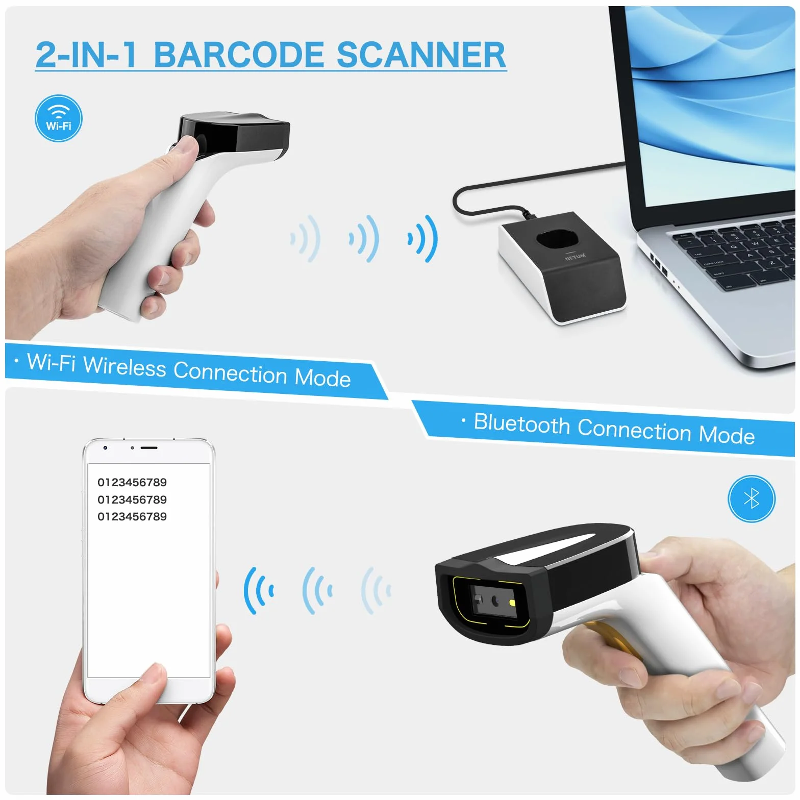 NETUM Scanner di Codici a Barre 2D Wi-Fi Wireless Collegati con Protocolli di Rete TCP UDP, Lettore di Codici a Barre Automatico a Rilevamento Mani Libere 1D 2D QR PDF417 Inventario POS - DS2800