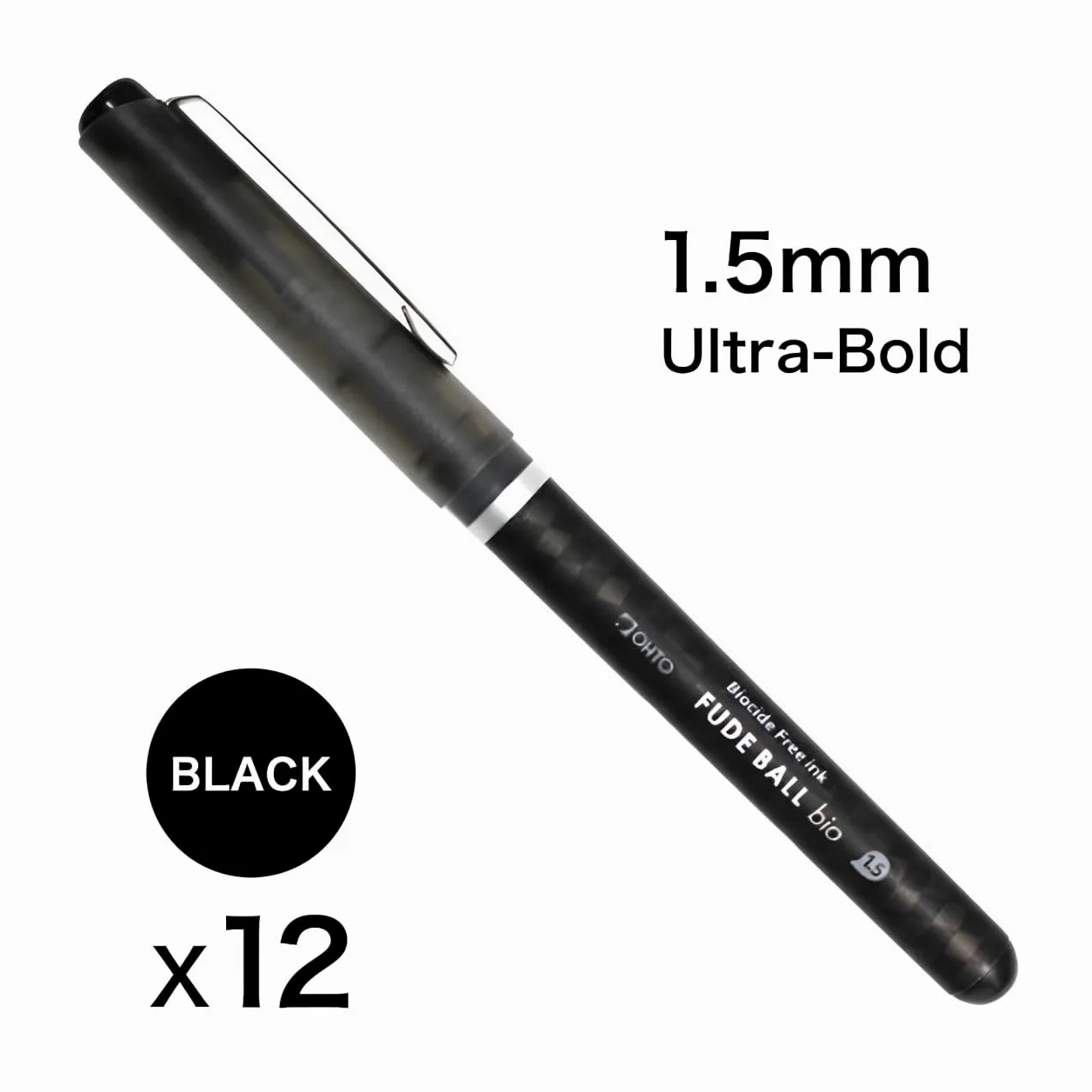 OHTO Fude Ball Bio 1.5 - Penna a sfera ultra audace da 1,5 mm, inchiostro a base d'acqua, senza biocidi, nero, CFR-15FBO-BK, confezione da 12