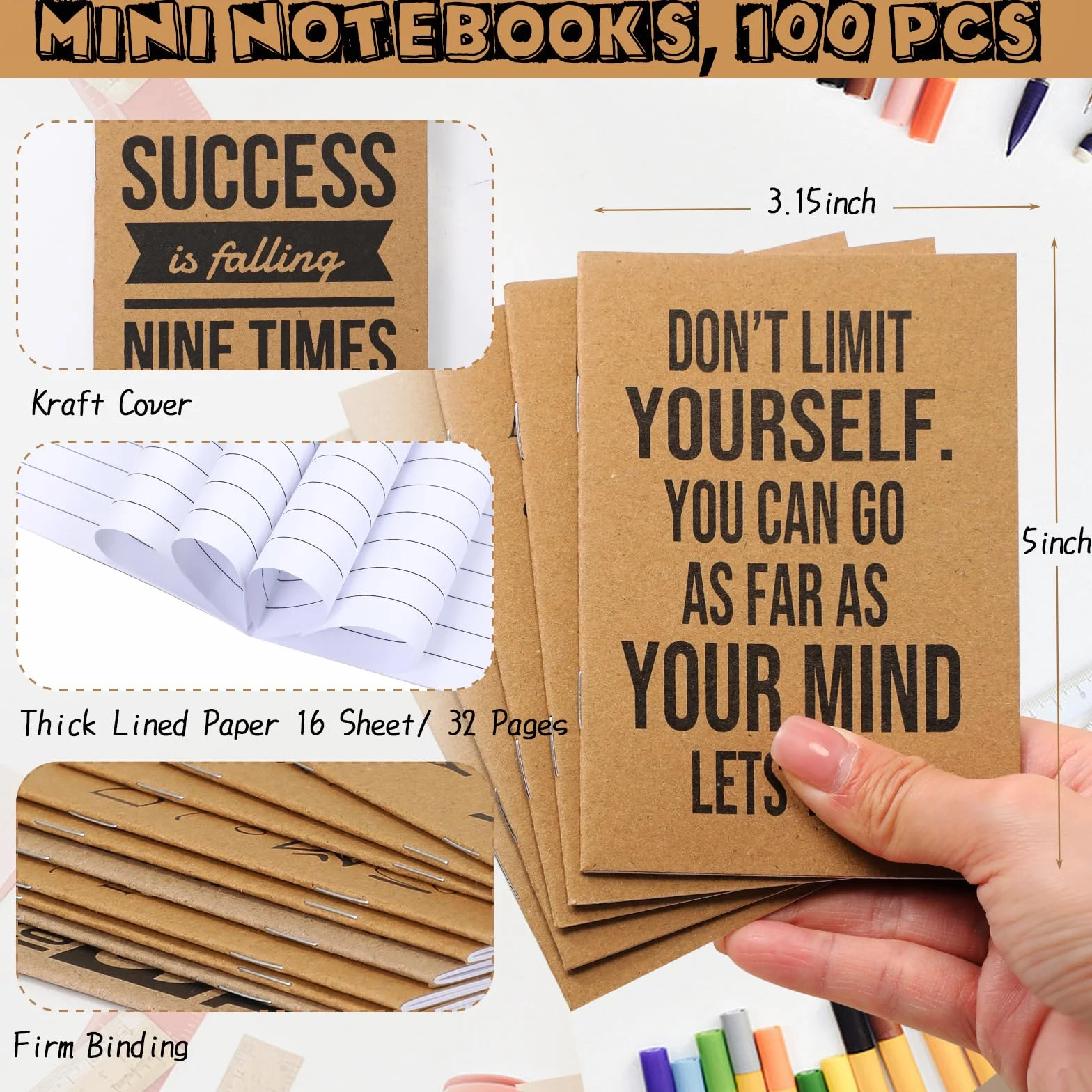 PerKoop 200 quaderni motivazionali in carta kraft, piccoli diari in bambù, penne ispiratrici per donne, uomini, ufficio, scuola, dipendenti, colleghi, insegnanti, volontari, regalo