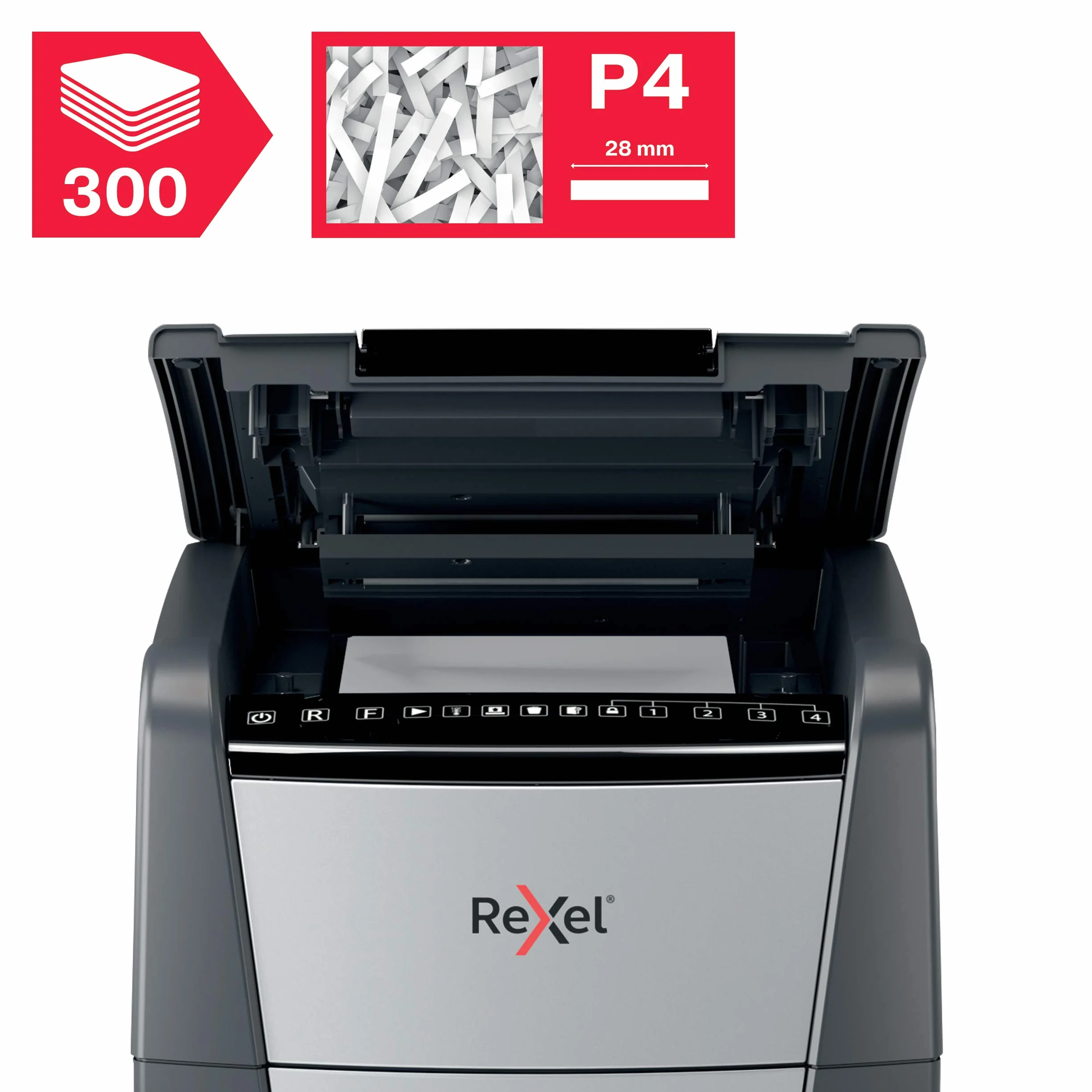 REXEL Optimum Auto Feed+ 300X, Distruggi documenti Automatico, 300-330 Fogli (80-70 gr-mq), Taglio a Frammento, Livello di Sicurezza P-4, per l?Ufficio, Capacit? 60 Litri, con Ruote, 2020300XEU