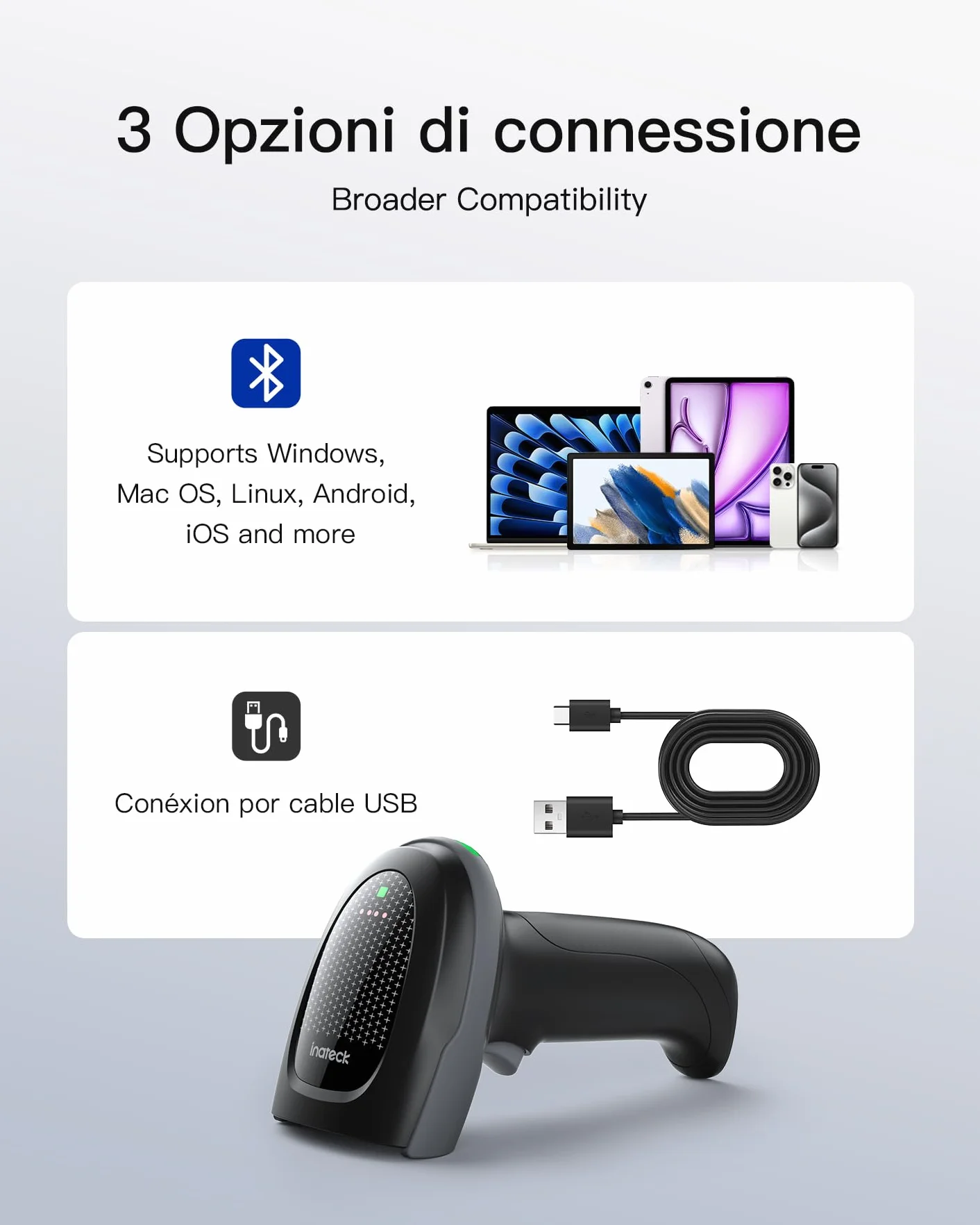 Inateck Lettore Codice a Barre Wireless 1MP 2D QR, Barcode Scanner Bluetooth con Base di Ricarica, 2 x 2000mAh Batterie Sostituibili per Magazzino, Logistica e Inventario