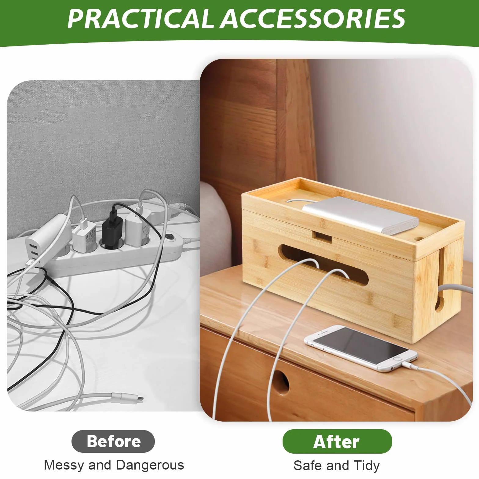 Lannvan Scatola Portacavi - Scatola Nascondi Cavi in Bamboo 33,5 x 13,5 x 13,5 cm - Raccogli Cavi - Grande Scatola Cavi per Organizzare Cavi per USB e Multipresa
