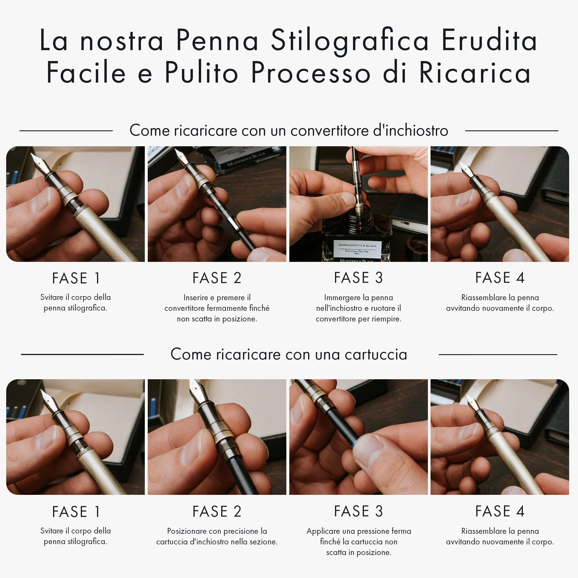 Wordsworth & Black Set di penne stilografiche, Pennino medio, 24 cartucce inchiostro e convertitore, Oro nero