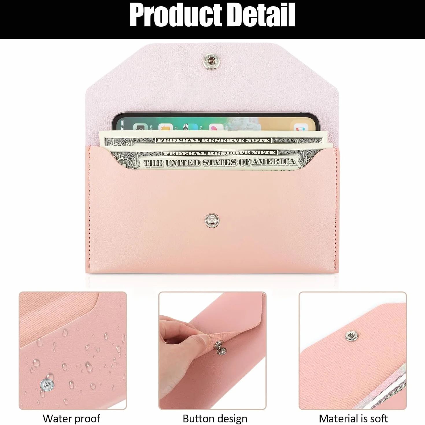Borsa per Buste per Contanti in Pelle PU, Portafoglio Riutilizzabile, Divisore per Buste, Rosa