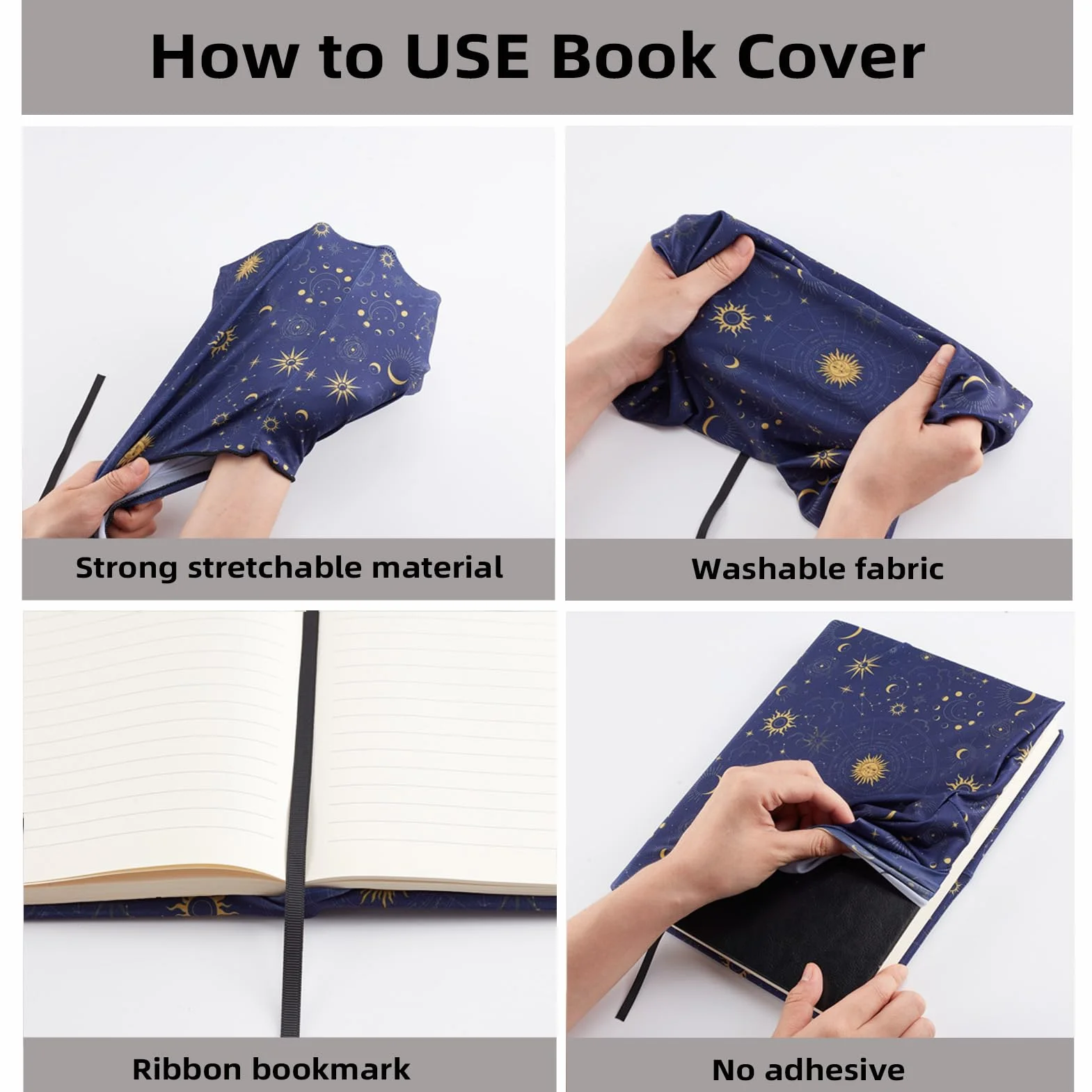 NICENEEDED Copertina Estensibile per Libri, Custodia per Libro Stella Luna Blu Navy