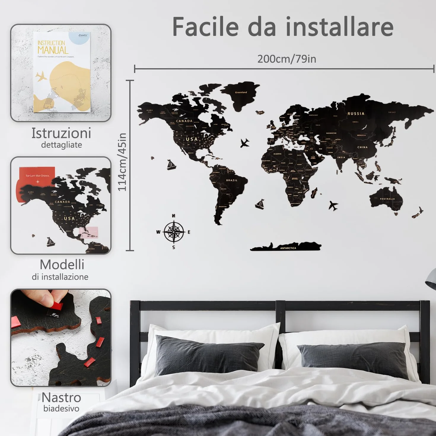Creawoo Mappa del Mondo in Legno da Parete Decorazione, Nero Mappamondo in Legno Parete Puzzle Arte per Soggiorno, Ufficio, Camera Decorazione -200x114 CM
