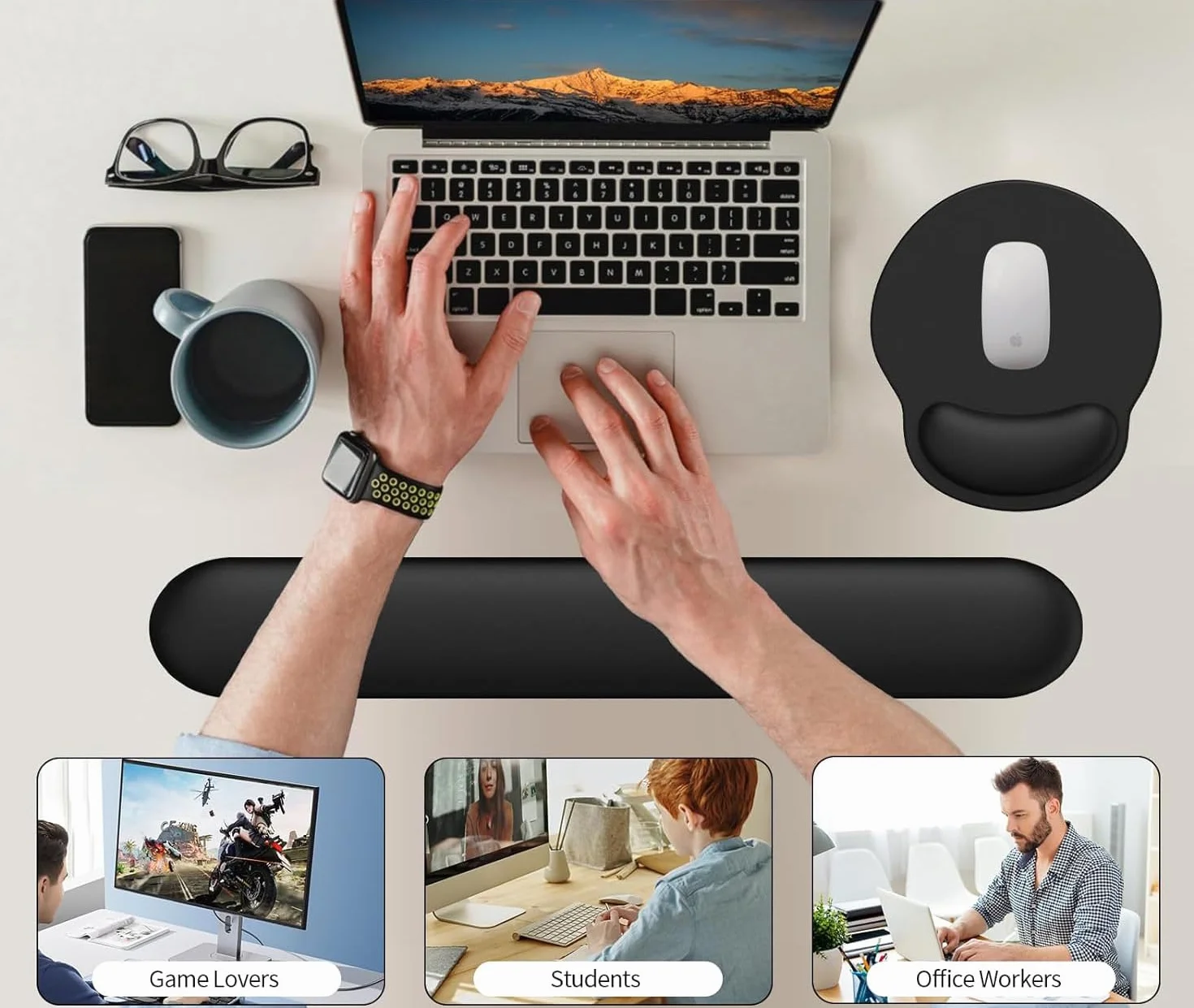 Set poggiapolsi ergonomici con cuscino in gel nero