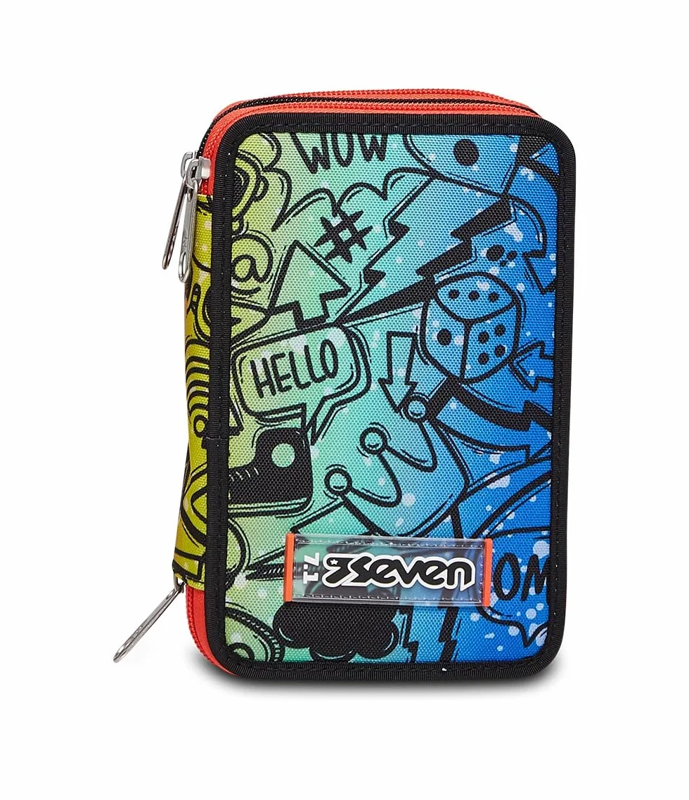 Seven Astuccio Scuola Elementare, 3 scomparti, Medie, con Matite, Pennarelli, Penne, 3 Zip, Fluo Stamp, Bambino e Ragazzo, blu/arancione