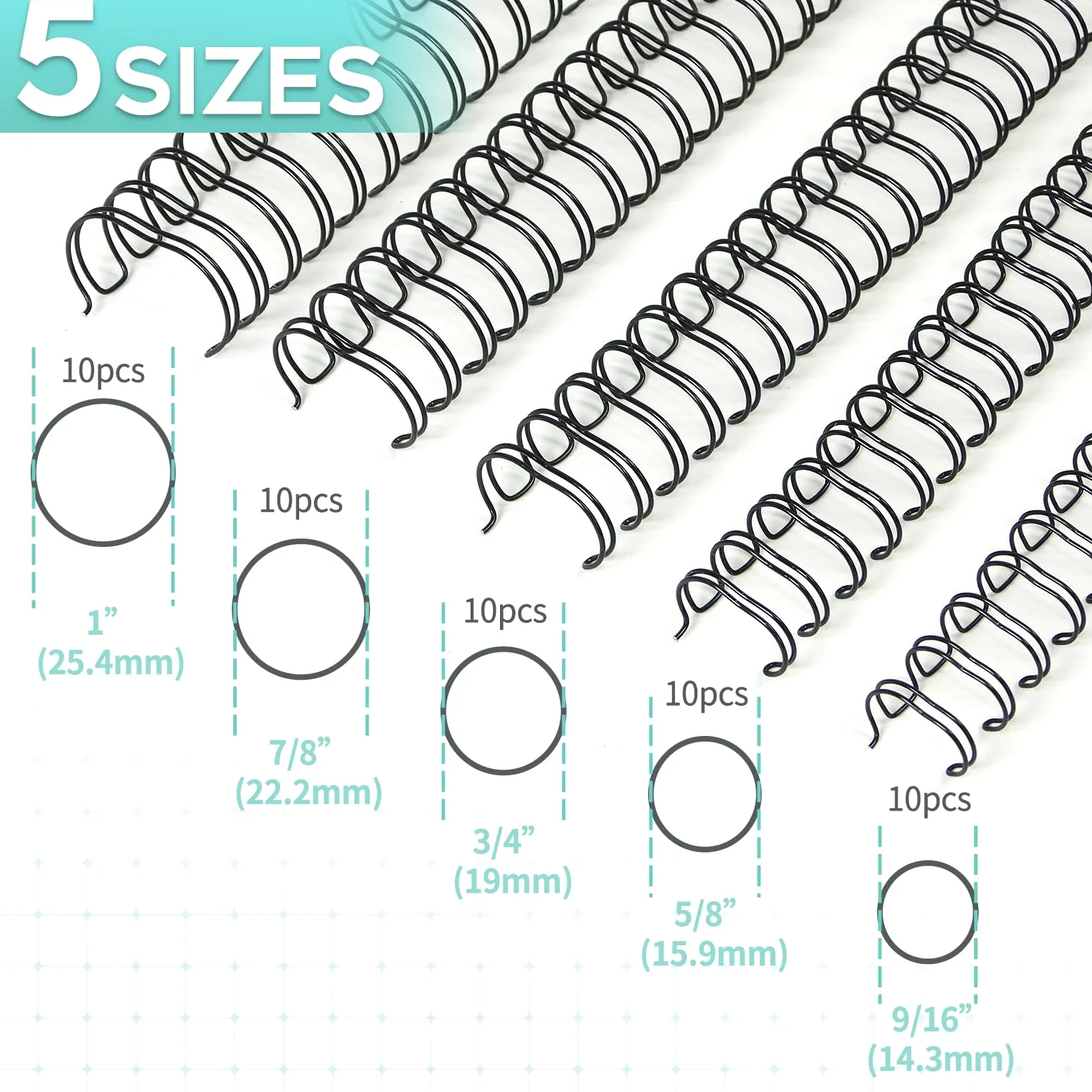 Rayson Fili per rilegatura a doppio anello, misure miste (9/16", 5/8", 3/4", 7/8", 1") 2:1, spine per rilegatura a filo 2:1, colore nero, confezione da 50