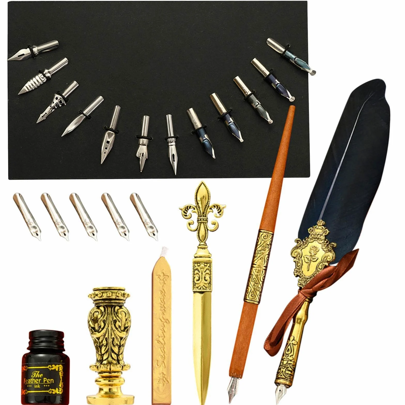 Set inchiostro penna d'oca | Kit penna a immersione calligrafia vintage | Set di inchiostri per per calligrafia piuma con pennini di ricambio, inchiostro, bastoncini per sigillo di , con sigillo