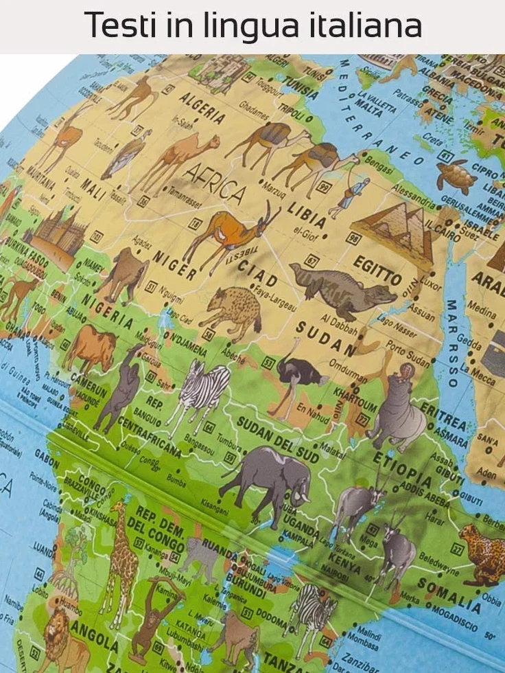 Tecnodidattica Safari 25 Mappamondo illustrato con animali, diametro 25 cm, italiano