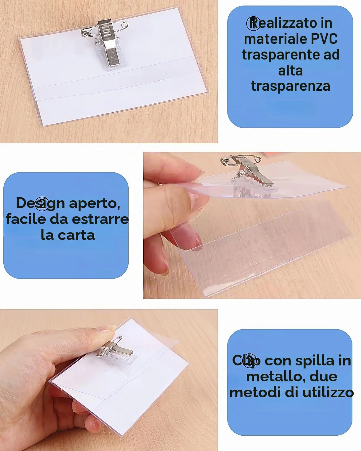 Porta Badge in Plastica Trasparente 90mm x 56mm Clip Orizzontale 24 Pezzi