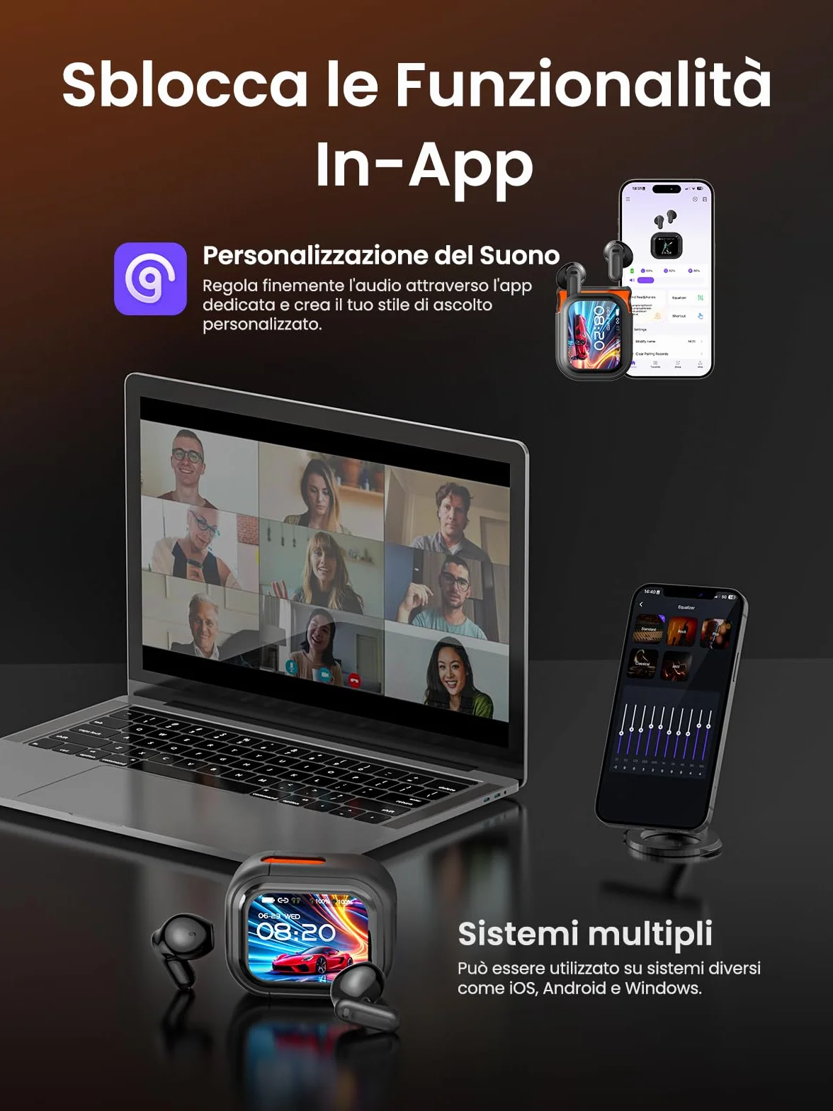 NE20 Auricolari Bluetooth Traduttori – Traduzione in Tempo Reale di 165 Lingue, Assistente IA, Suono Hi‑Fi, Schermo Tattile LCD, Batteria 60h, per Viaggi/Riunioni (Compatibile iOS/Android)