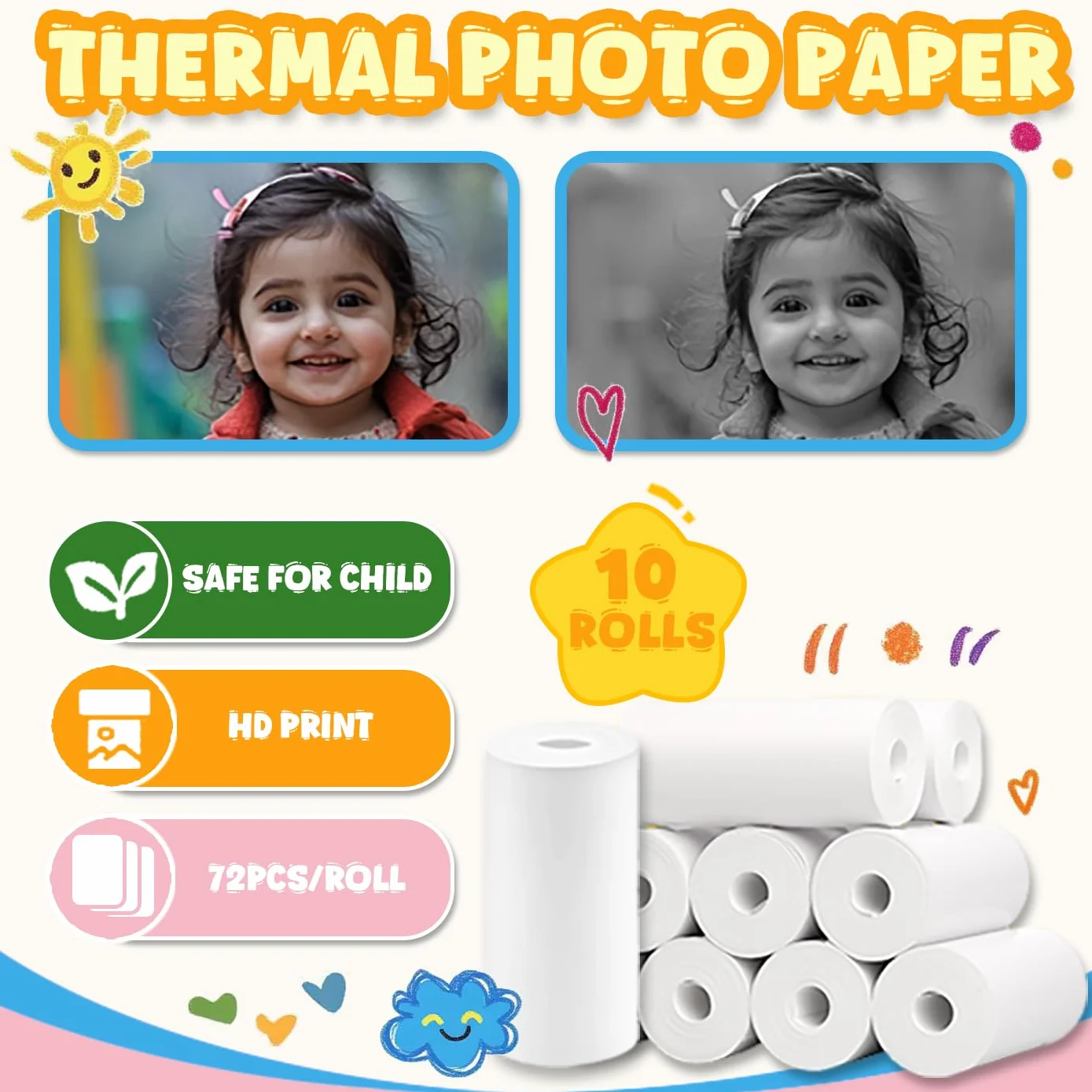 Pezzi di Carta Fotografica HD per Fotocamera Istantanea per Bambini, Rotoli Compatibili