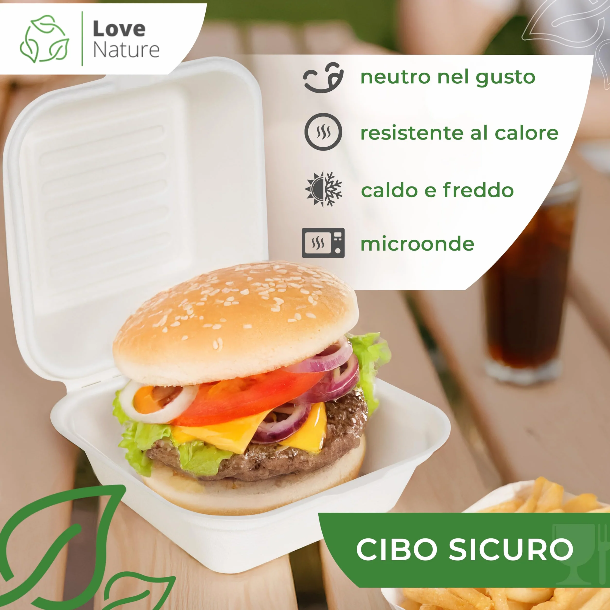 Love Nature Scatole per hamburger ecologiche 50 pezzi - Vassoi monouso in canna da zucchero