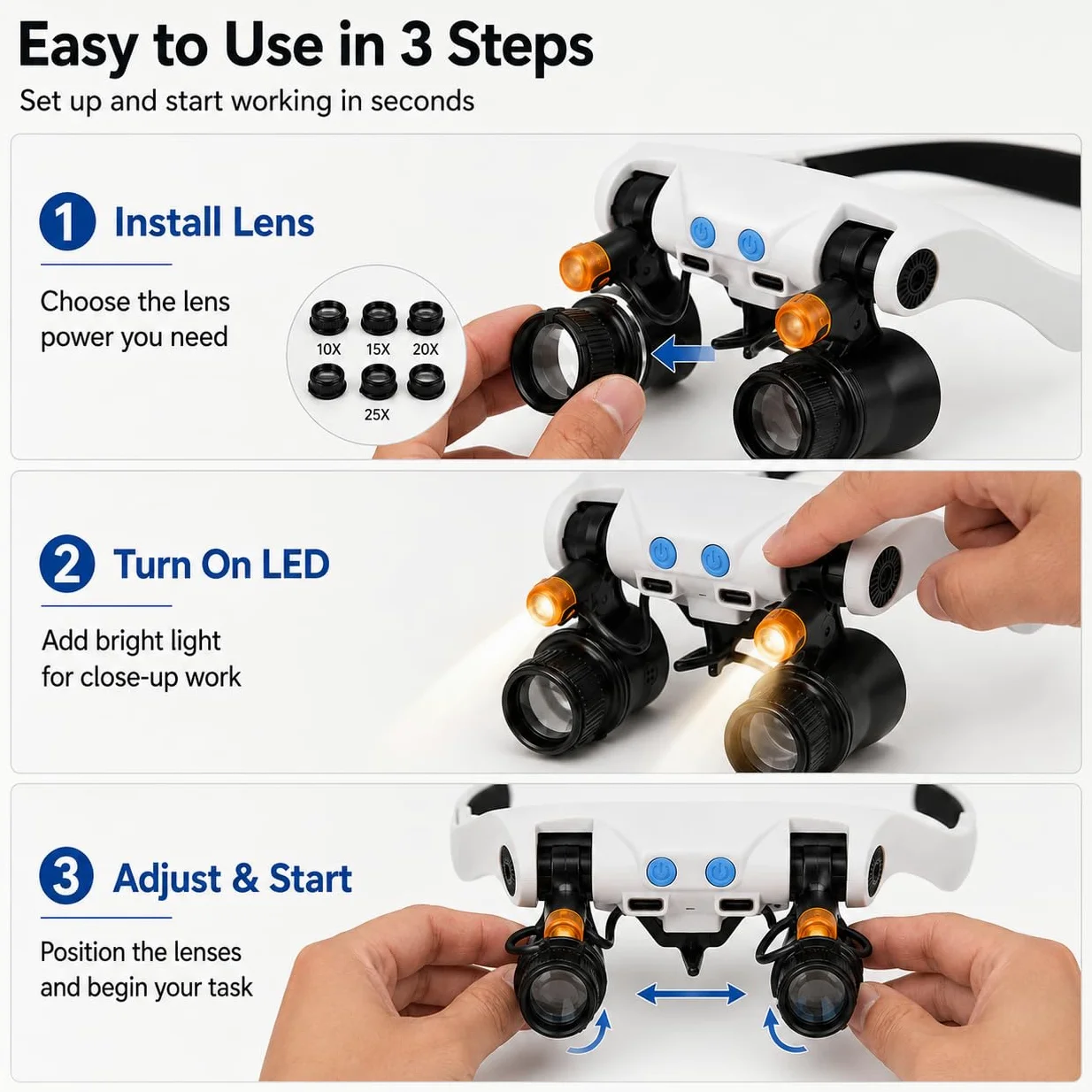 Lenti Di Ingrandimento, Lente D'Ingrandimento Con Luce, Occhiali Ingranditori, Lente Ingrandimento Con Led, Ricaricabile Con 4 Lenti 10x-25x, per Riparazione Orologi, Modellismo, Elettronica