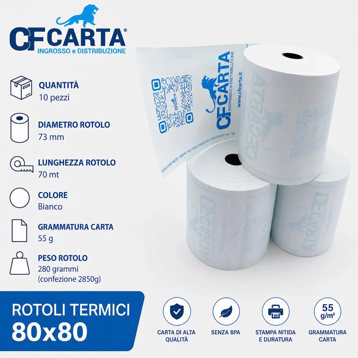 Rotoli termici per scontrini 80x80 foro 12mm BPA FREE CF CARTA 70m 10 pezzi