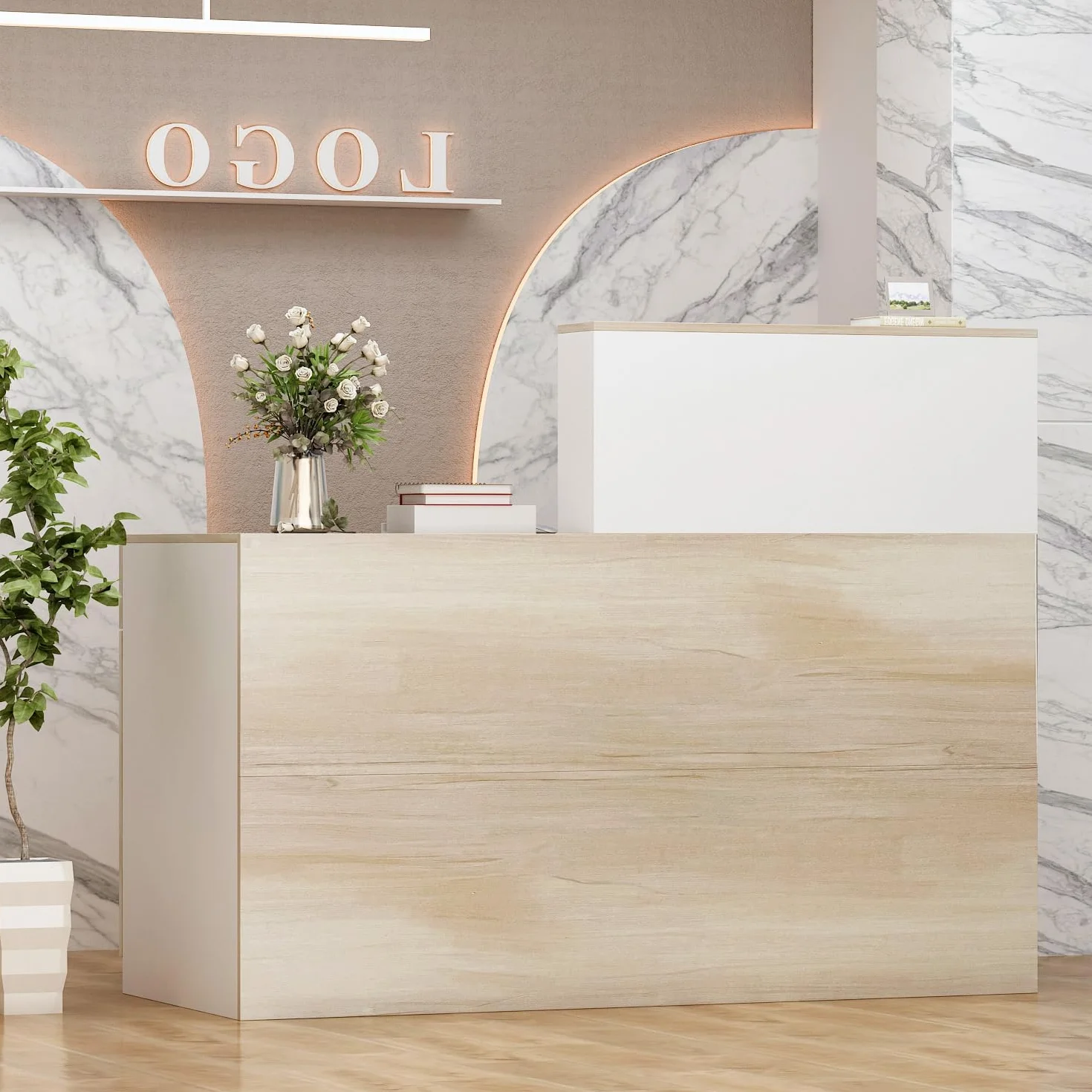 bancone reception, mobile da ufficio in legno e bianco, 140 x 60