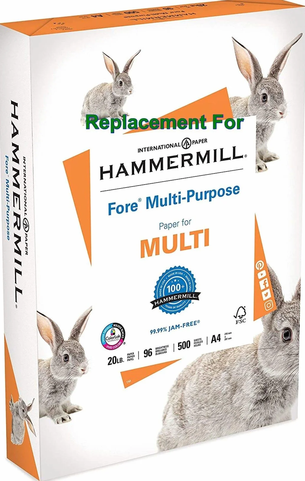 Carta di ricambio per mulino a martello multiuso 9,1 kg, A4, 210 mm x 297 mm, 1 risma, 500 fogli, prodotta negli Stati Uniti, proveniente da American Family Tree Farms, 96 Bright, senza acidi. (1)