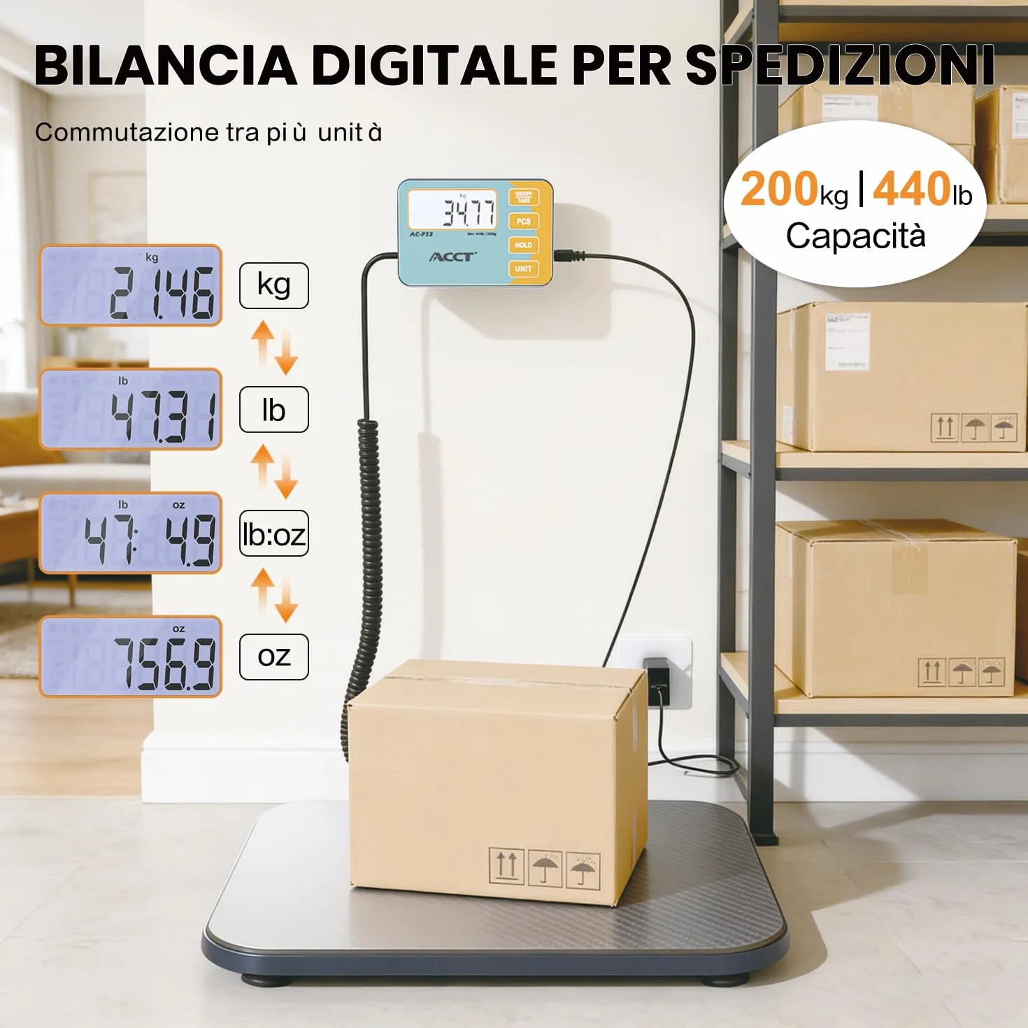 Bilancia da spedizione, 200 kg / 0,01 kg bilancia digitale ad alta precisione postale, con display LCD, funzioni di blocco/tara/conteggio/commutazione unità, adatta per pacchi, bagagli e