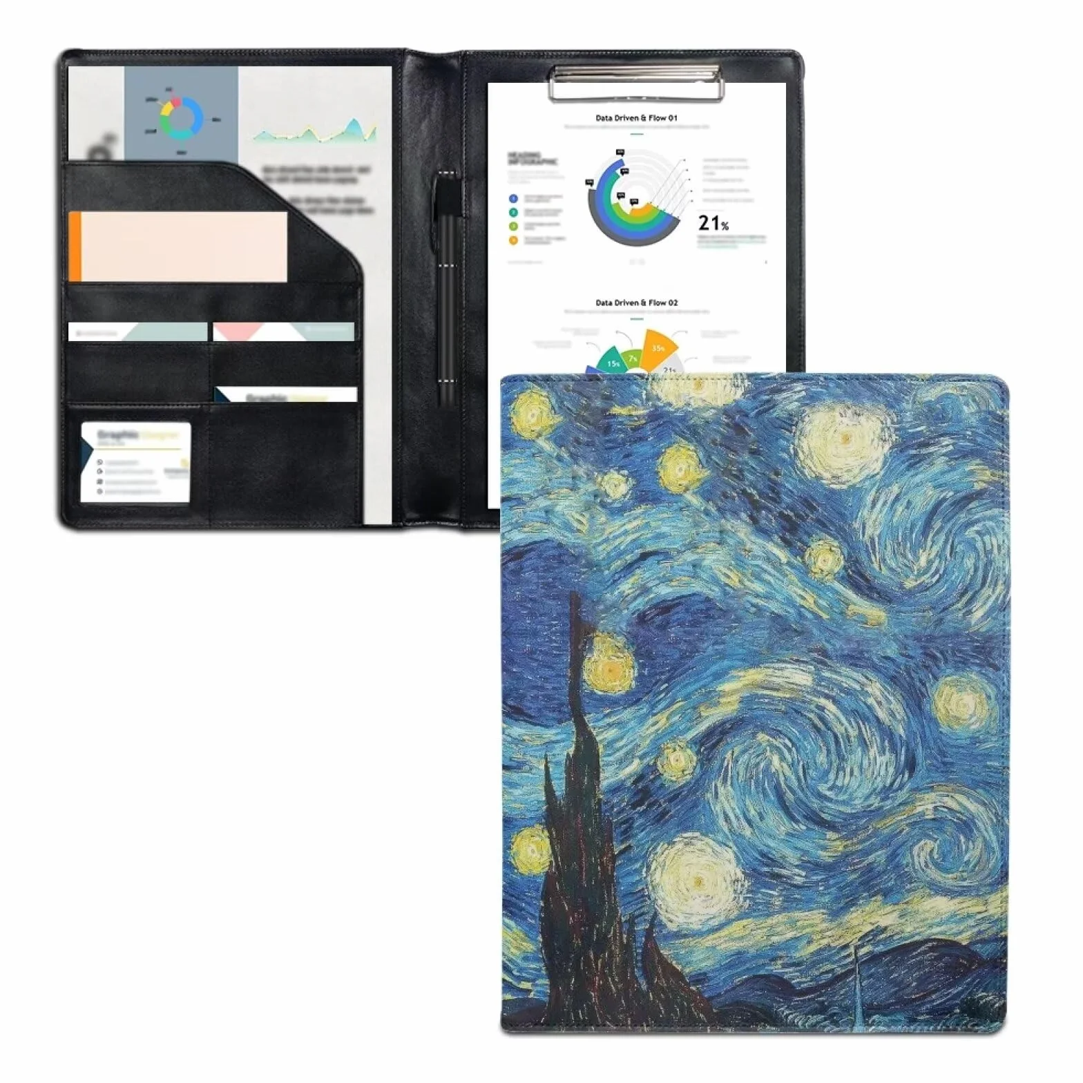 COEQINE Portfolio organizer artistico per donne, uomini e adolescenti, planner in pelle con tasca porta carte per interviste, 30,5 x 22,9 cm, porta biglietti da visita, Van Gogh, blu notte stellata