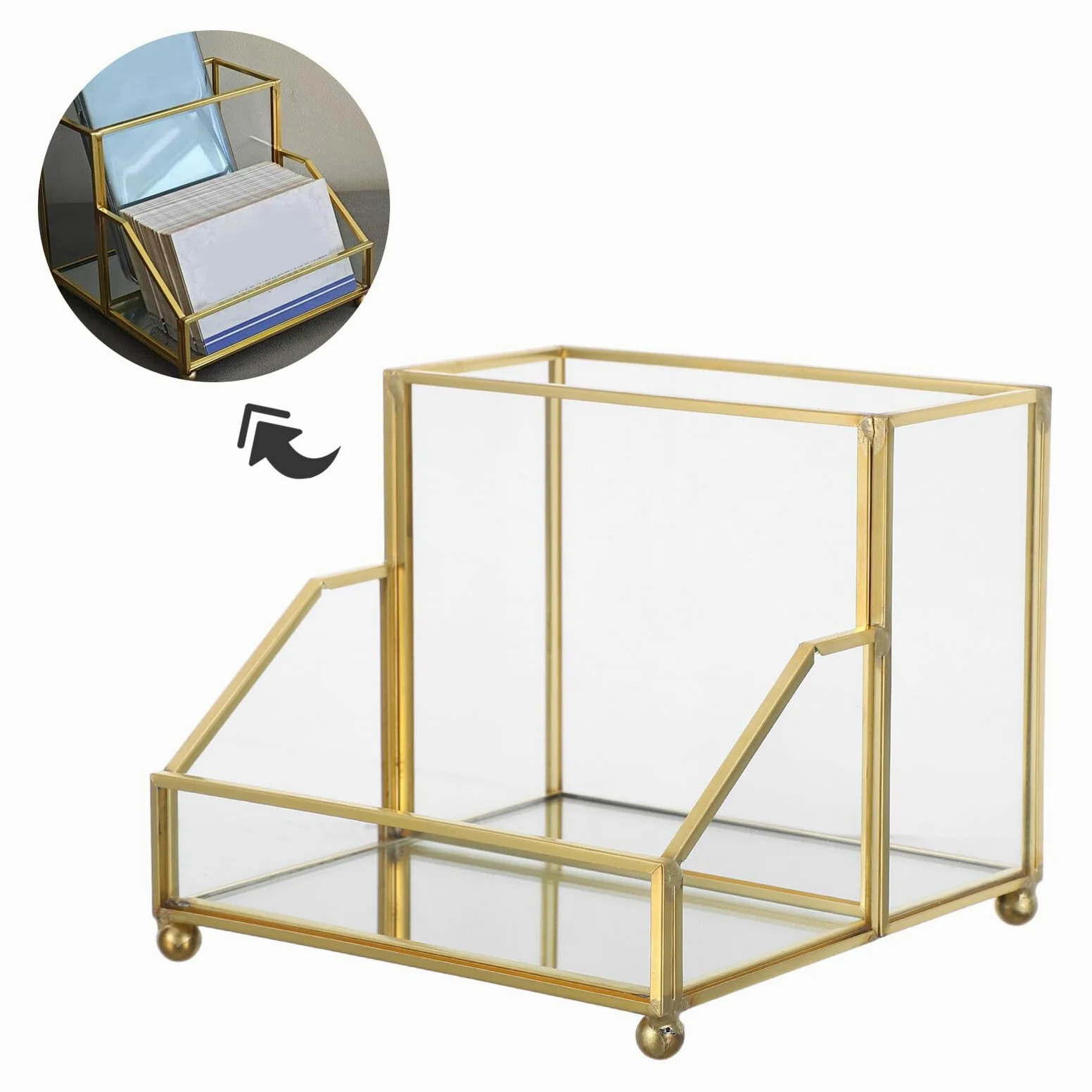 Healeved Porta Biglietti da Visita Verticale con Bordo Oro per Ufficio | Organizer da Scrivania in Vetro e Ferro, per Incontri con Clienti, Scambio Rapido delle Carte