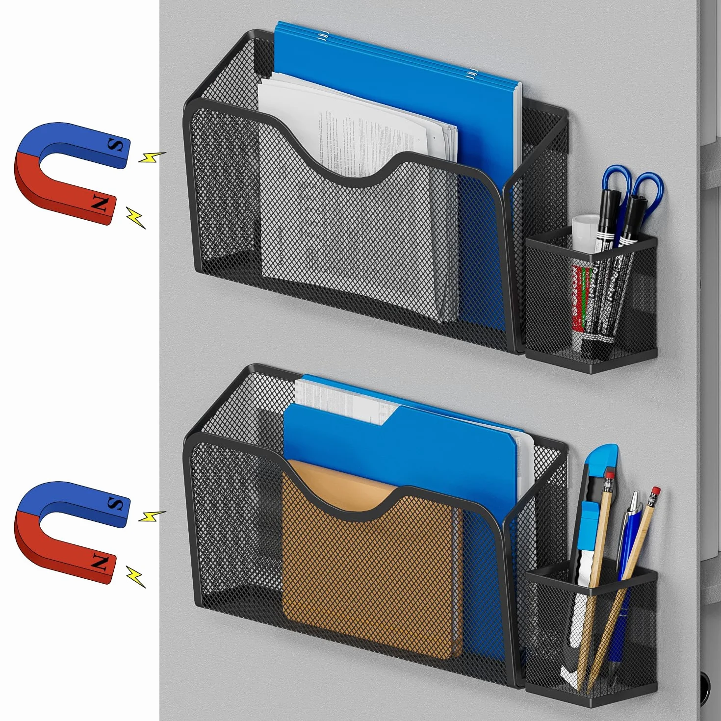 JANE EYRE Portadocumenti magnetico – 2 organizer da appendere, per riviste, documenti, carta, con 2 portapenne, per aule, armadi, ufficio, senza fori, nero
