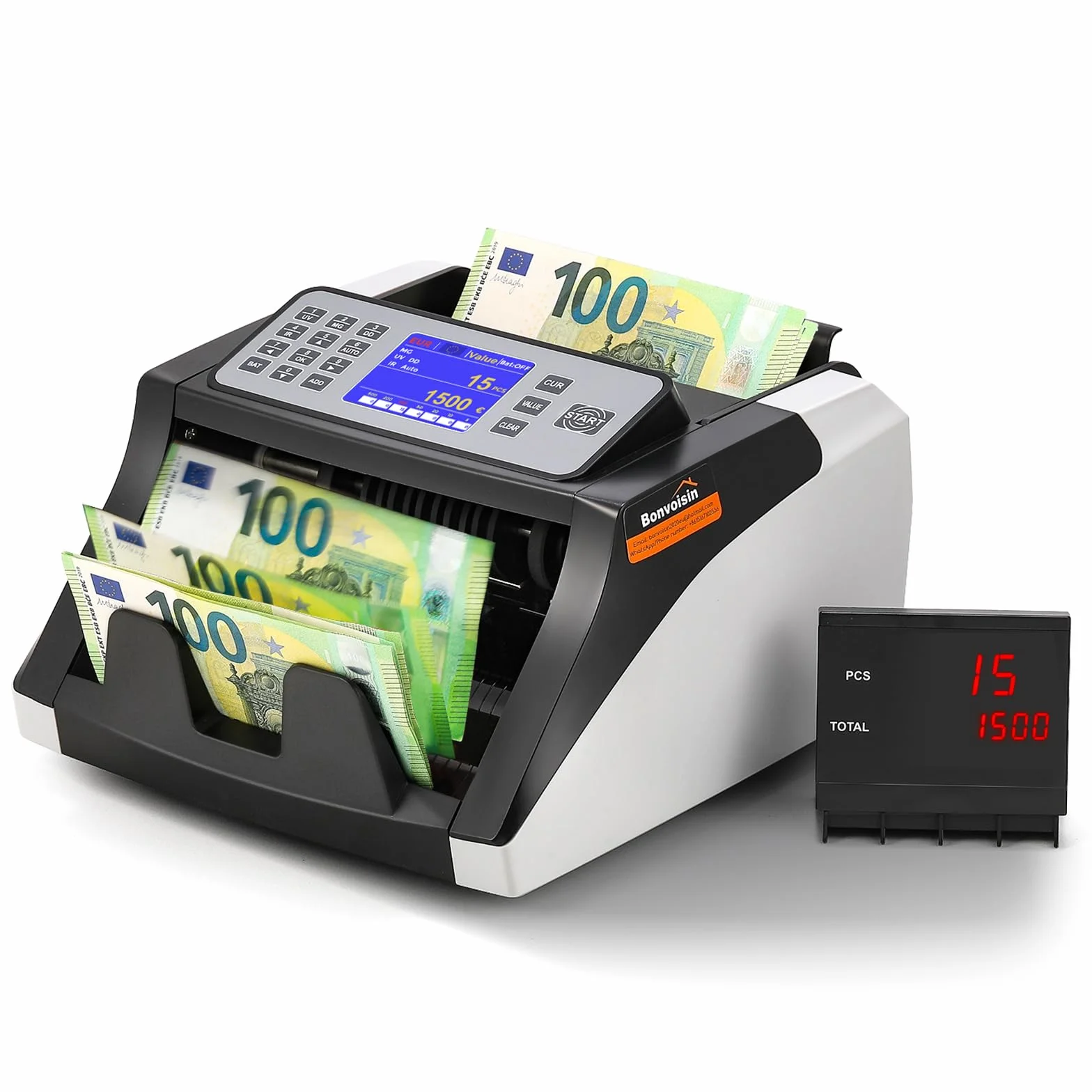 Bonvoisin Conta Banconote, Macchina Conta Soldi che Conta il Valore delle Banconote Ordinate, Rilevazione Contraffazioni UV/MG/IR, Contatore di Denaro, 1000 Pezzi/Min (Importi misti non conteggiabili)