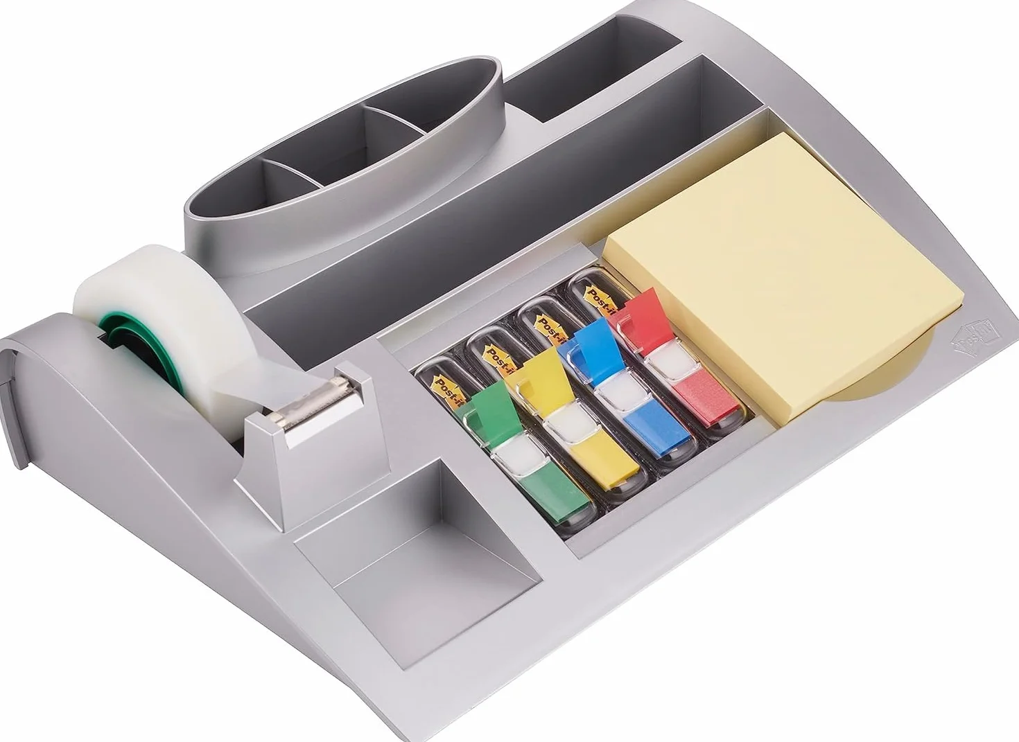 Post-it Organizer da Scrivania, Contiene una Confezione di Foglietti (100 Fogli per Blocco), 4 x 35 Segnapagina Index e Nastro Adesivo Scotch Magic, Colore Argento