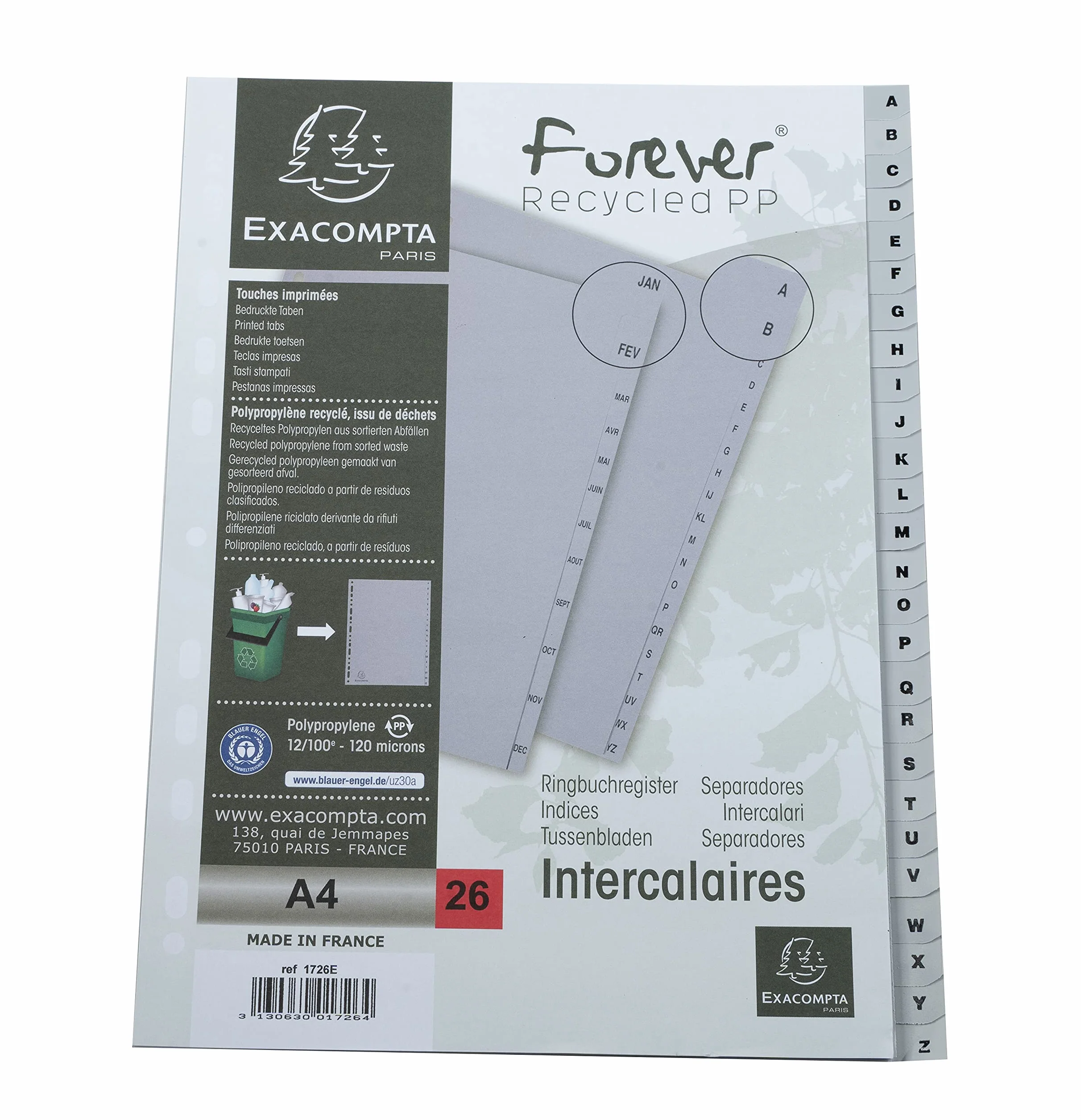 Exacompta Divisorio grigio polipropilene riciclato 26 tasti alfabetici A-Z A4 22,5x29,7cm Ange Bleu