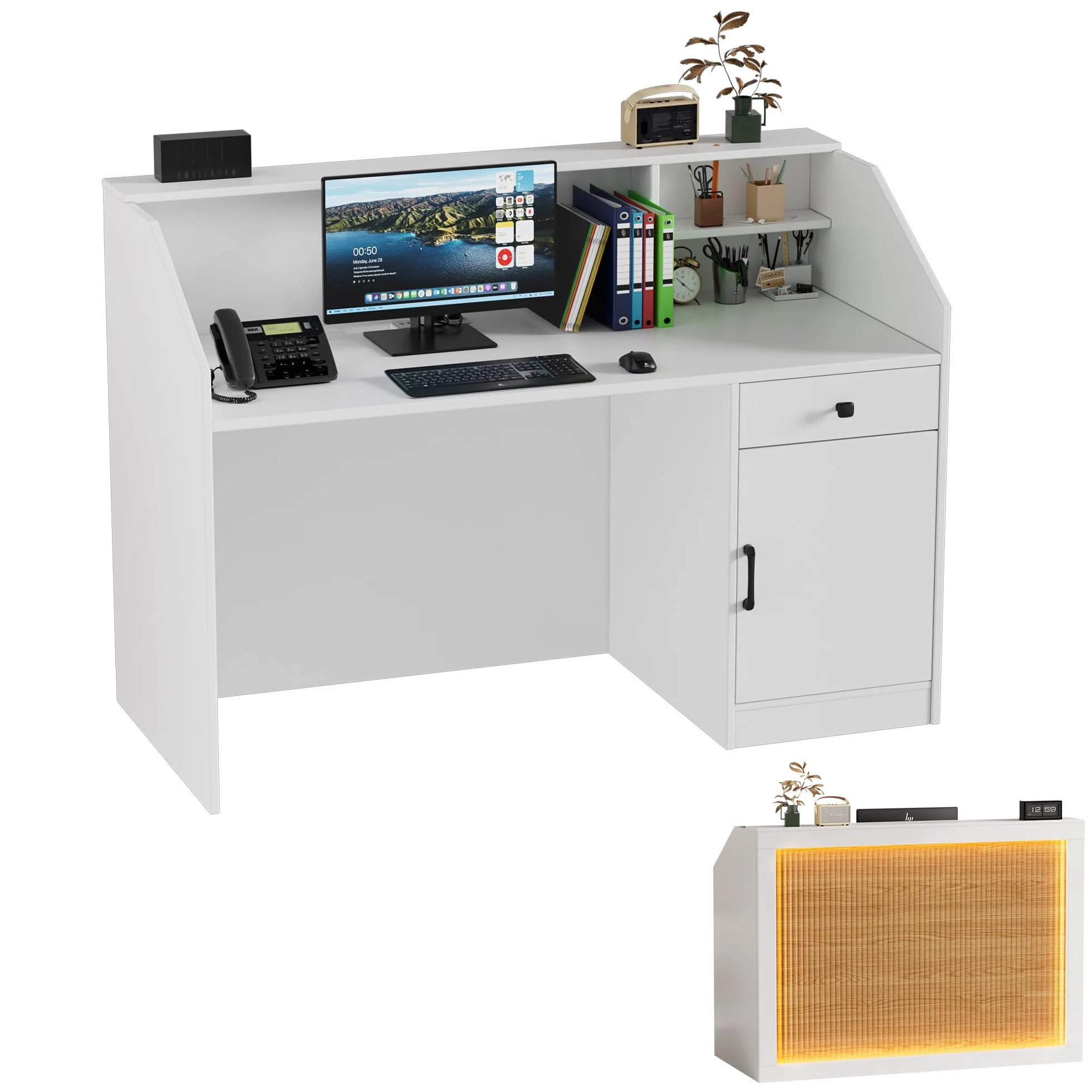 MSFE Bancone Reception con LED,Banco Reception con Cassetto,Armadio,Ripiani Aperti e Prese,Bancone Ufficio per Reception per Parrucchiere, Centro Estetico, Negozio, Hotel e Ufficio,140 * 60 * 110CM