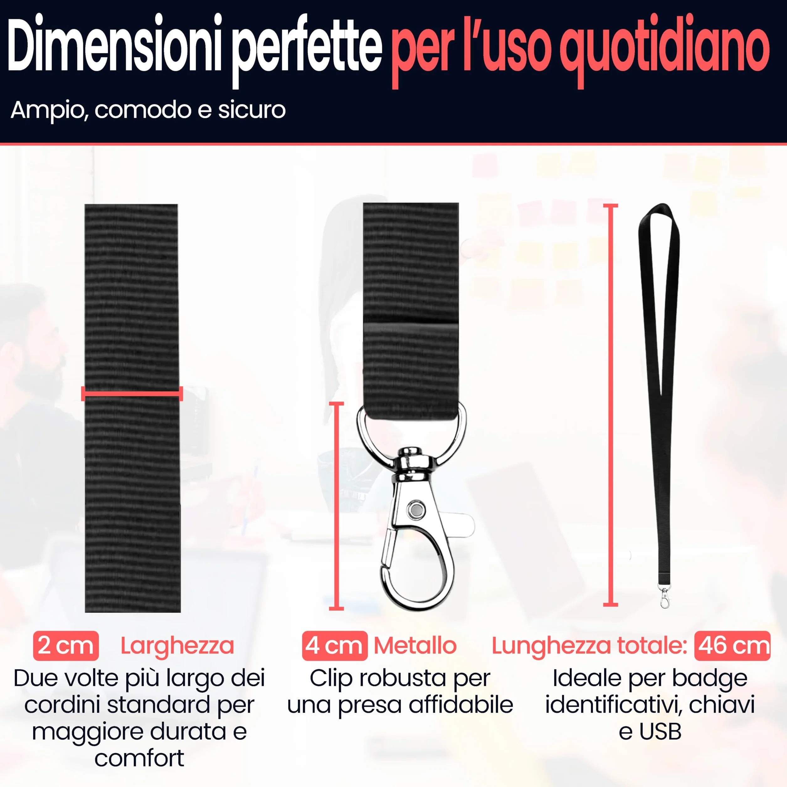 Porta Badge Da Collo Con Gancio In Metallo - Cordino In Poliestere 2cm x 46cm per Tessere, Chiavi, USB