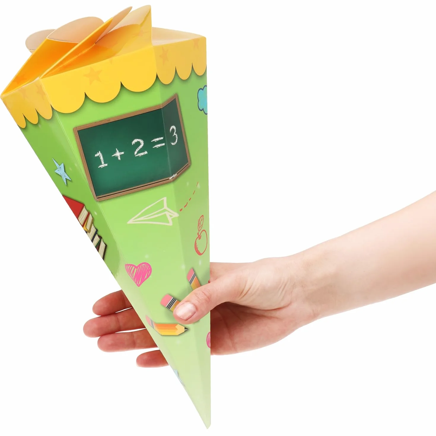 com-four® Mini Coni Scuola 30 cm – Coni in Cartone per Inizio Scuola (2 Giallo-Verde/Blu-Rosa)