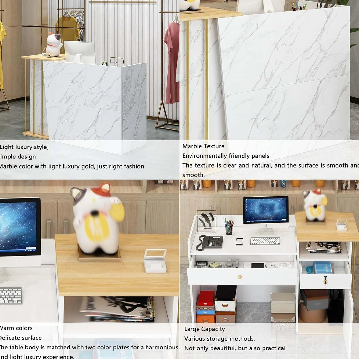 Banco Reception Bancone Cassa per Negozio con Chiudibile Cassetti,Banco della Reception Scrivania Salvaspazio 4 Spazio di Archiviazione,Bancone Vendita(Marble Color,100x40x90cm)
