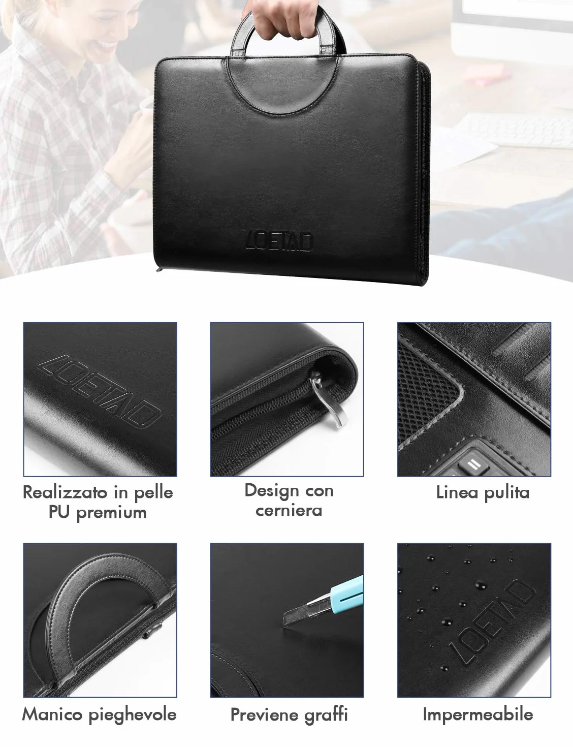 LOETAD Cartella Portadocumenti A4 con Cerniera Pelle Impermeabile Organizer da Viaggio con Portablocco Raccoglitore ad Anelli