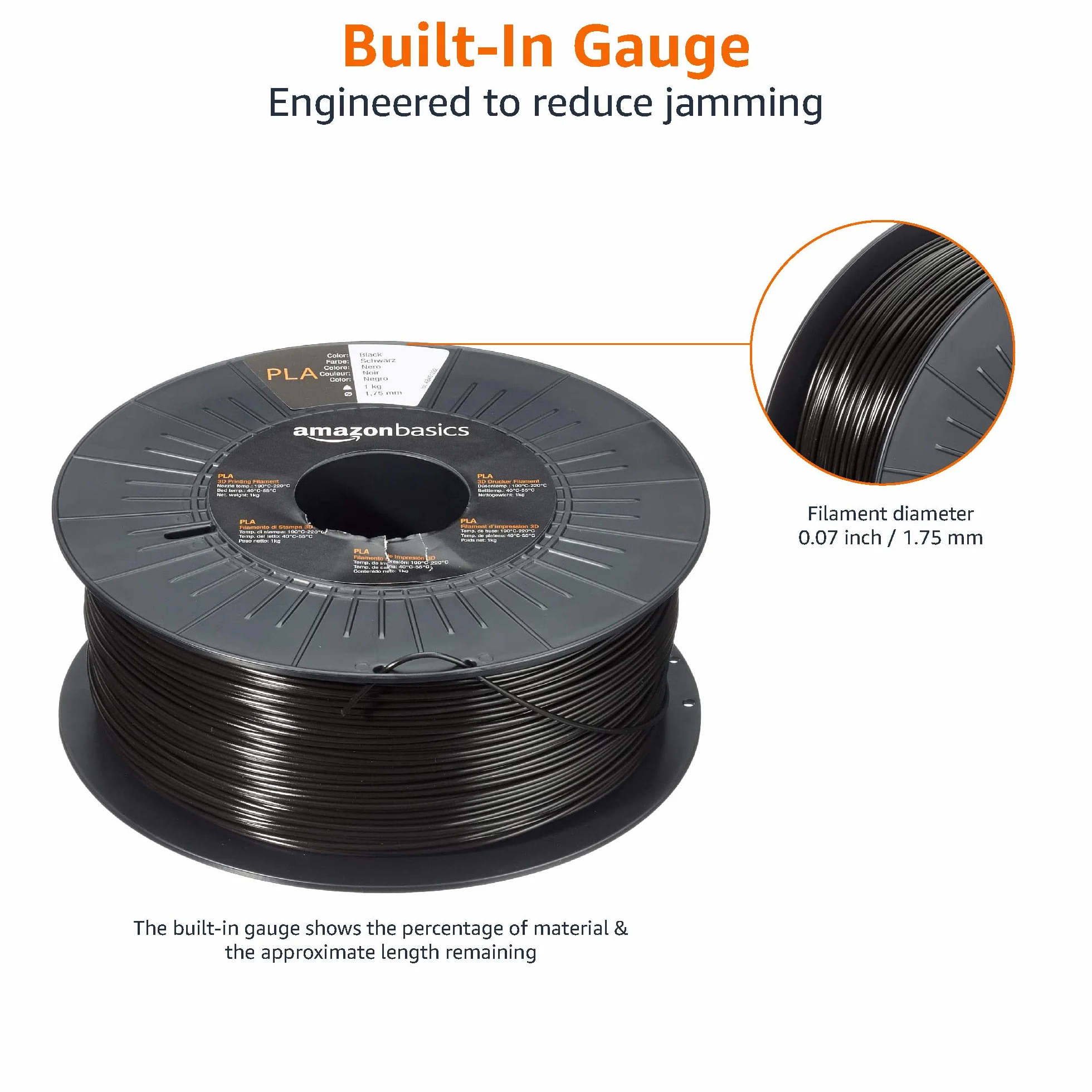 Amazon Basics Filamento PLA 1.75 mm nero 1 kg per stampanti 3D