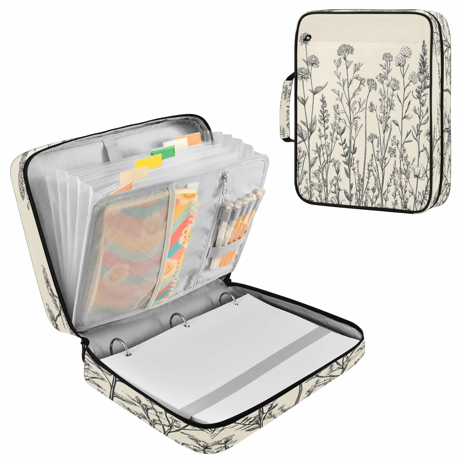 Raccoglitore espandibile con 3 anelli vintage, motivo floreale, erbe, piante, con 7 tasche, per scuola, ufficio, viaggi
