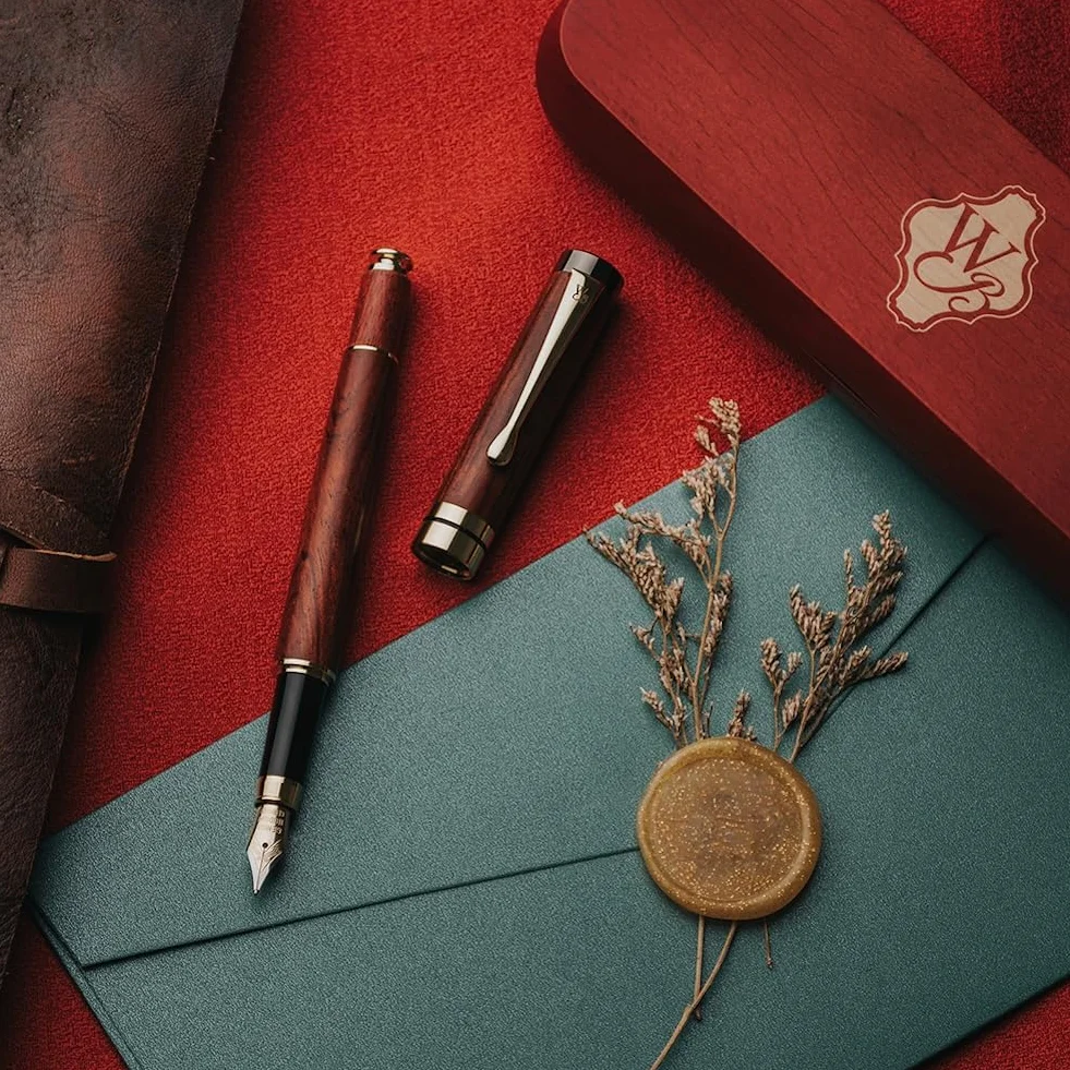 Wordsworth & Black Set penne stilografiche legno di bambù premium pennino medio custodia regalo 6 cartucce inchiostro convertitore ricariche Palissandro
