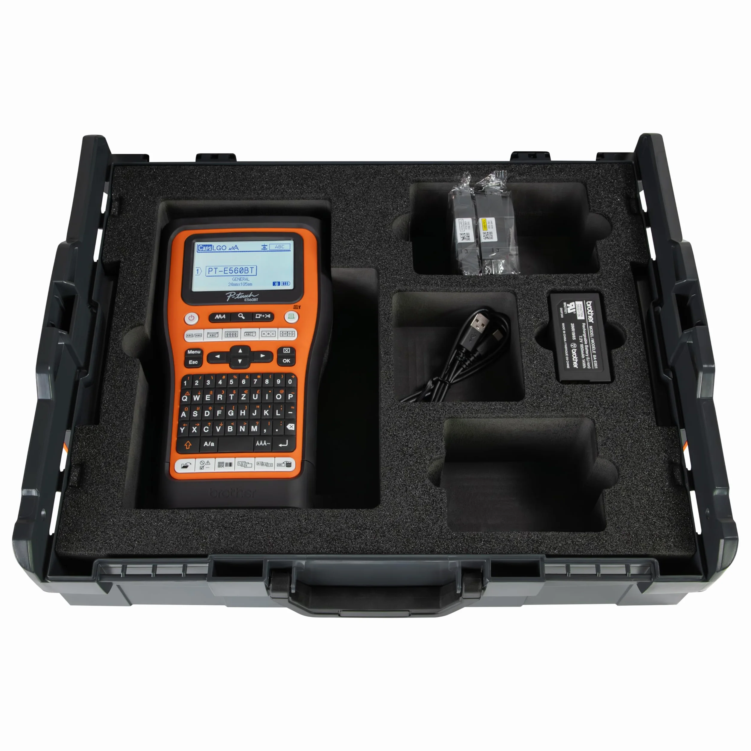 PT-E560BT e Brother L-BOXX 136 con inserto in gommapiuma, certificato da Brother International GmbH