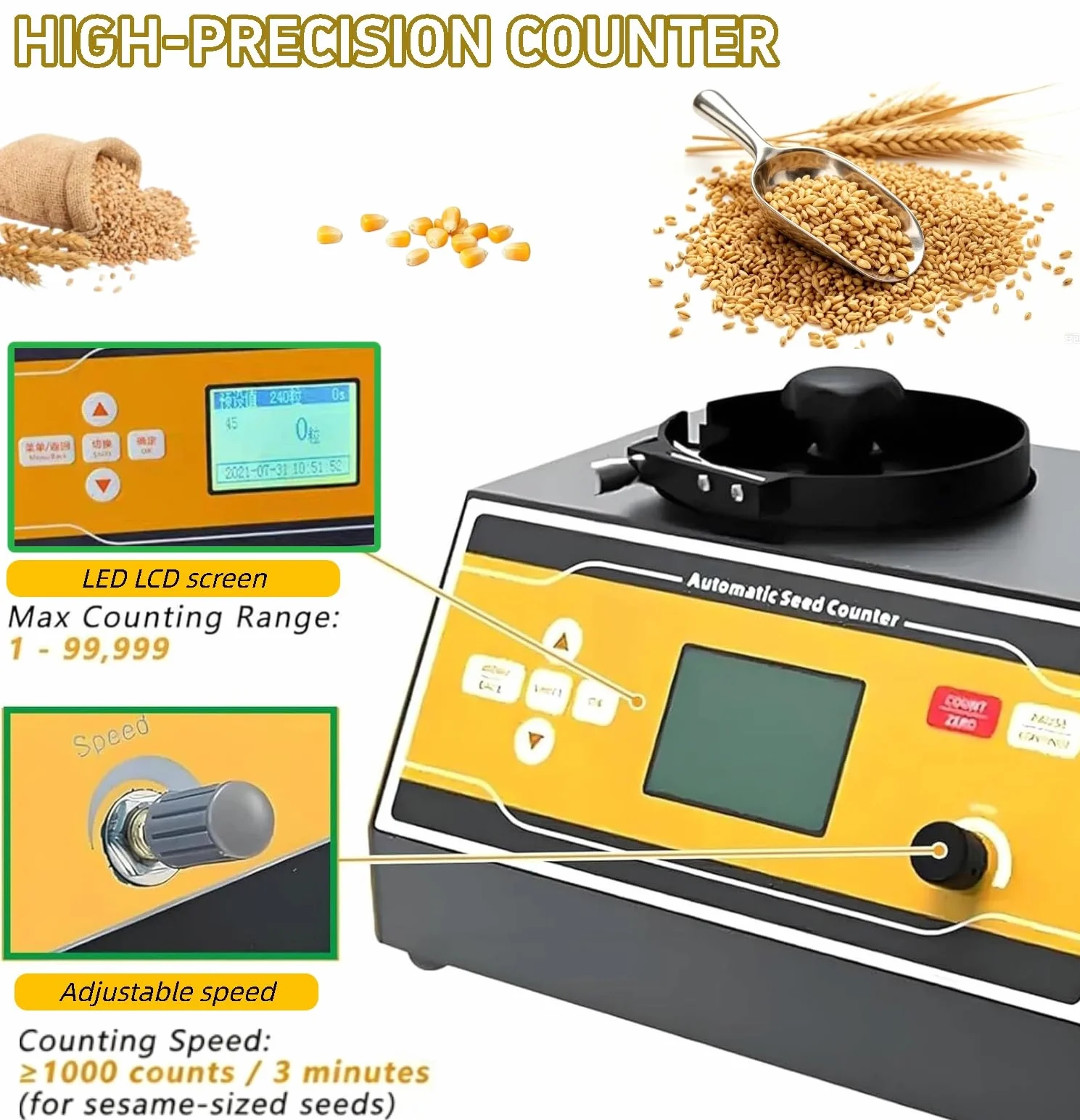 Contatore automatico touchscreen, strumento di conteggio dei semi del microcomputer con display a LED, velocità regolabile, gamma accurata da 1 a 12 mm per riso, grano, mais