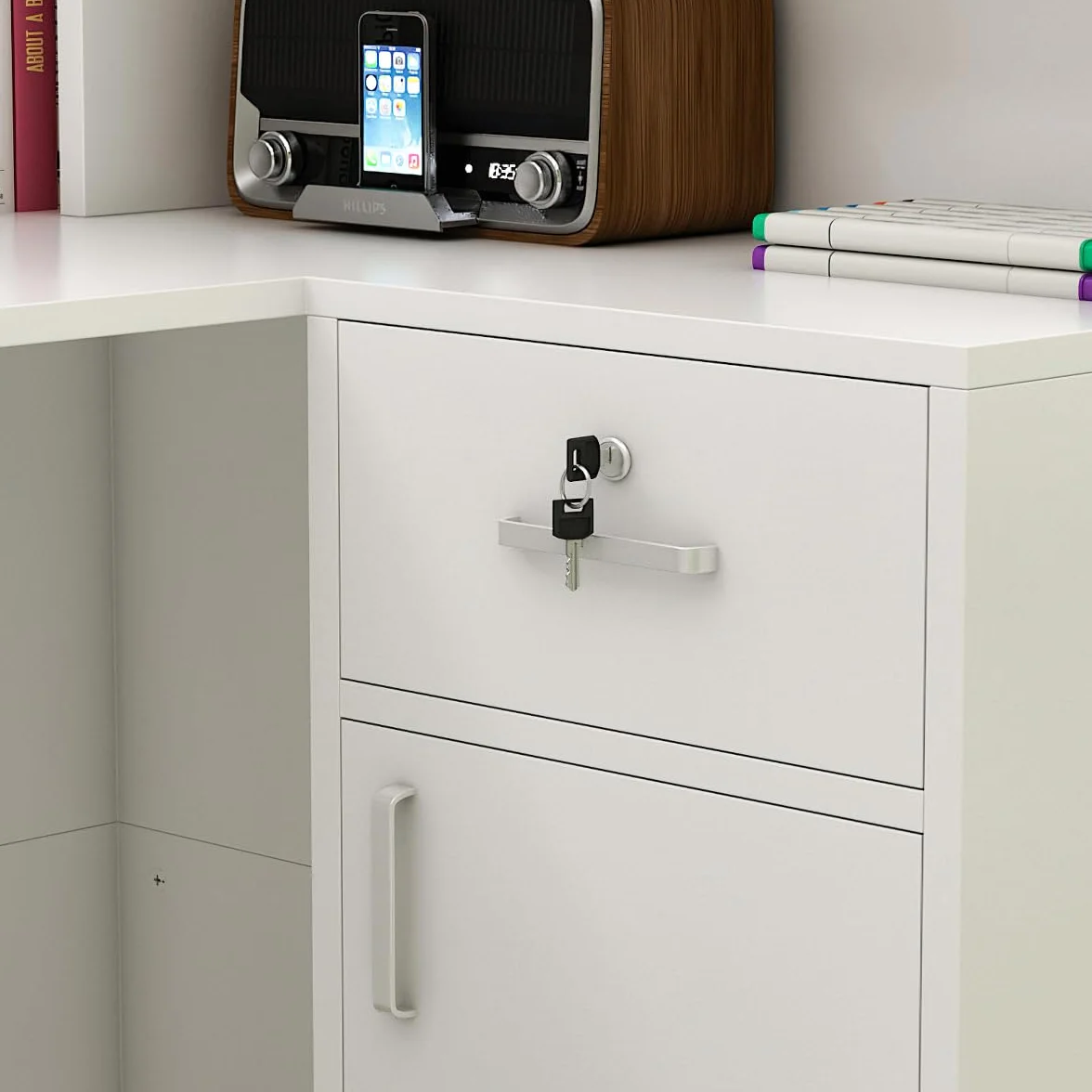 Banco Reception con Tavolo da Computer e Ripiano Rimovibile - 1 Cassetto e 1 Armadio - MDF, 140 x 80 x 120 cm